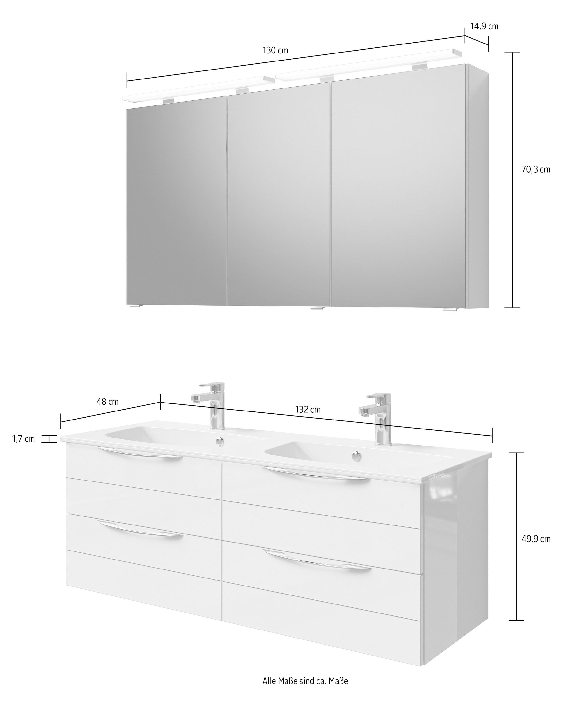 Saphir Badmöbel-Set »Serie 6025 2-teilig Mineralmarmor-Waschtisch mit LED-Spiegelschrank«, (2 St.), Waschplatz 132cm breit, 4 Schubladen, 2 Spiegel-Türen, inkl Türdämpfer