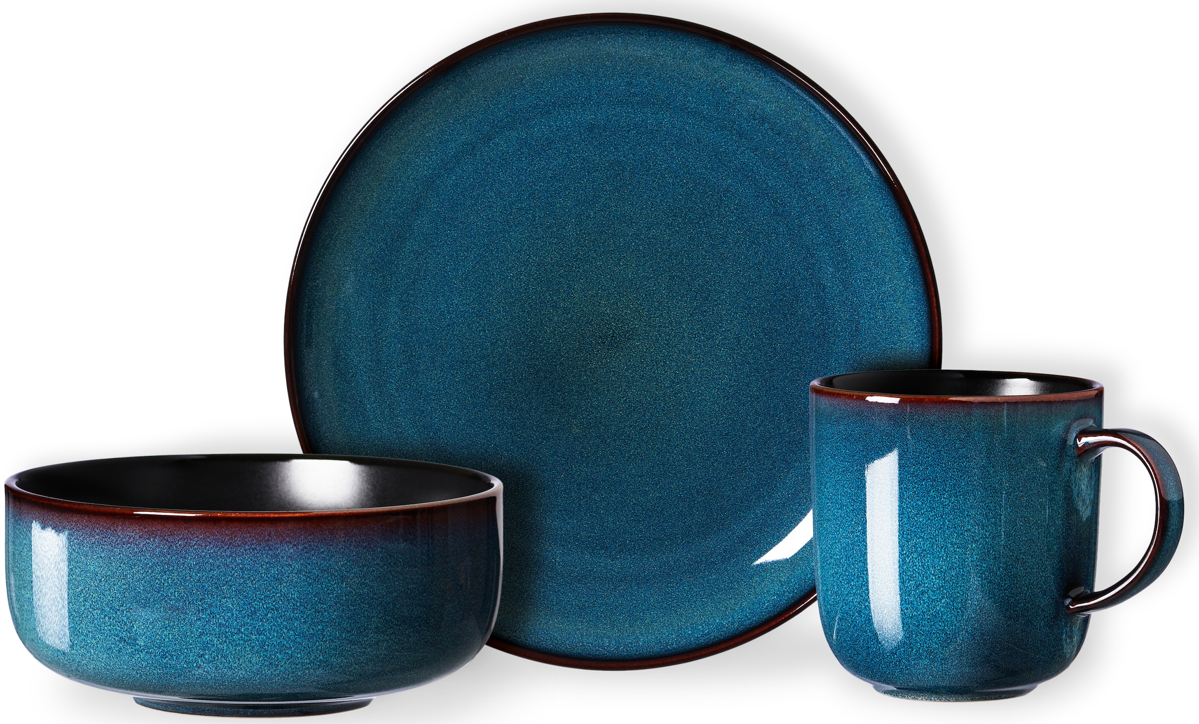 Ritzenhoff & Breker Frühstücks-Geschirrset »Bali (Teller, Schale, Kaffeebecher)«, (Set, 12 tlg., 4 Kaffeebecher (400 m), 4 Schalen (600 m), 4 Teller Flach (Ø 20,5 cm), Reativglasur, jedes Teil ein Unikat, 12 Teile, für 4 Personen