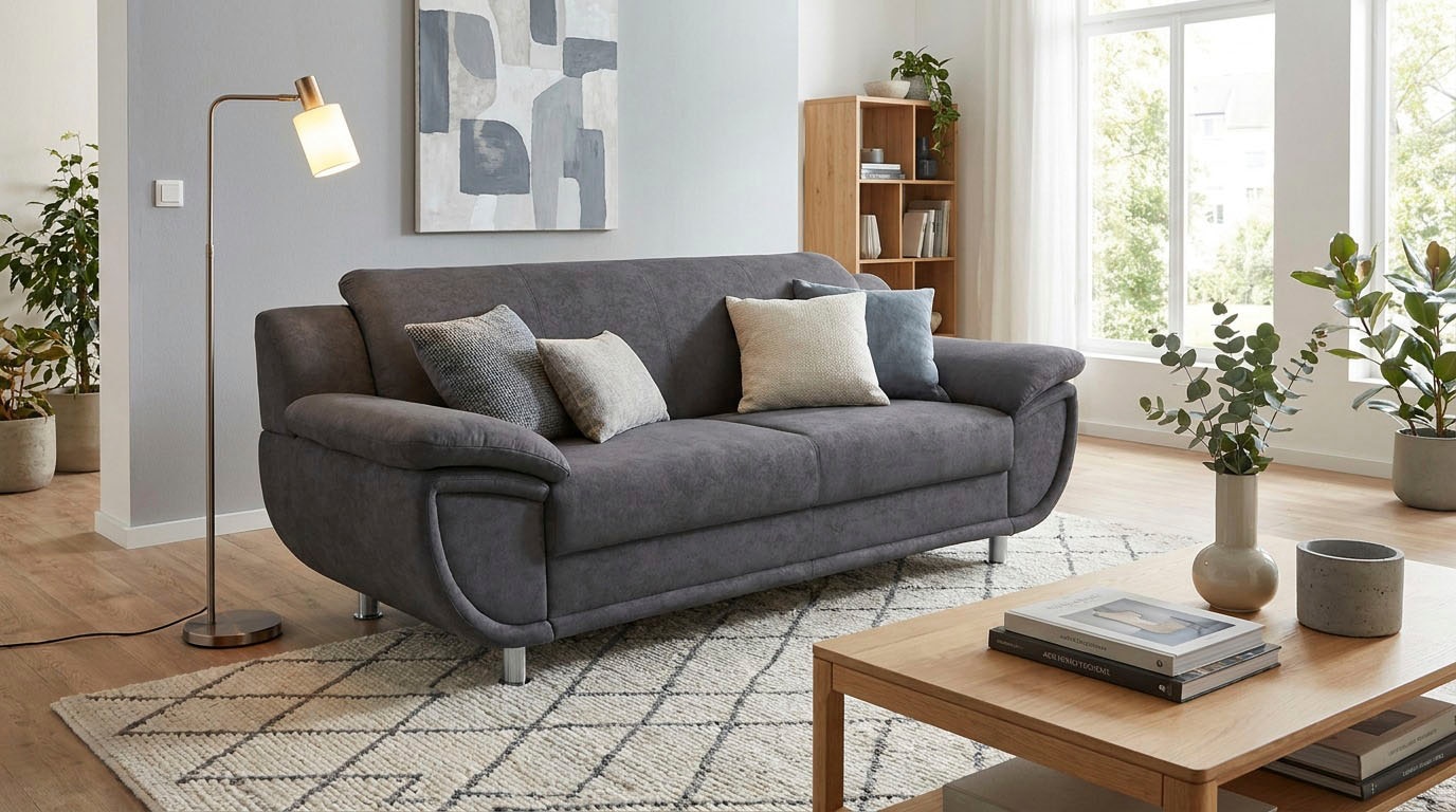 TRENDMANUFAKTUR 3-Sitzer »Rondo, Breite 207 cm, breite Armlehnen, Füße chromfarben« wahlweise mit Federkern, pflegeleichte Bezügen, Unser Dauertiefpreis