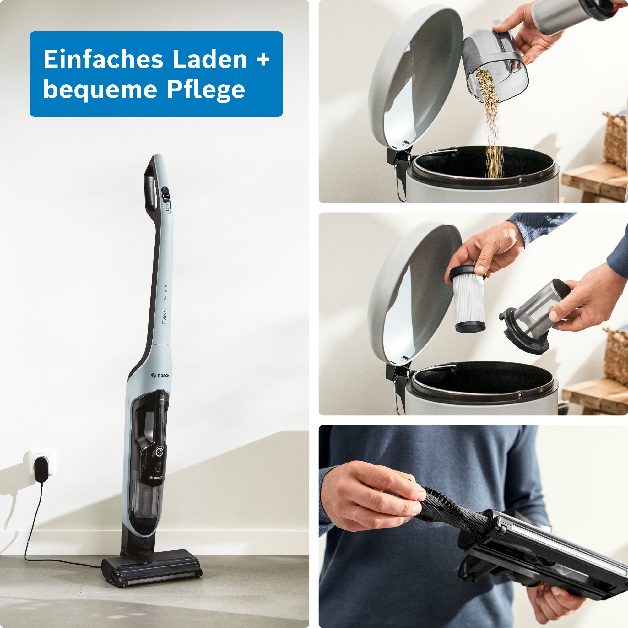BOSCH Akku-Stielstaubsauger »Flexxo Serie 4 BCH4FM28/BCH4SM28, 2in1 Akku-Staubsauger, freistehend« kabellos, integriertes Zubehör, beutellos, 60 Min. Laufzeit