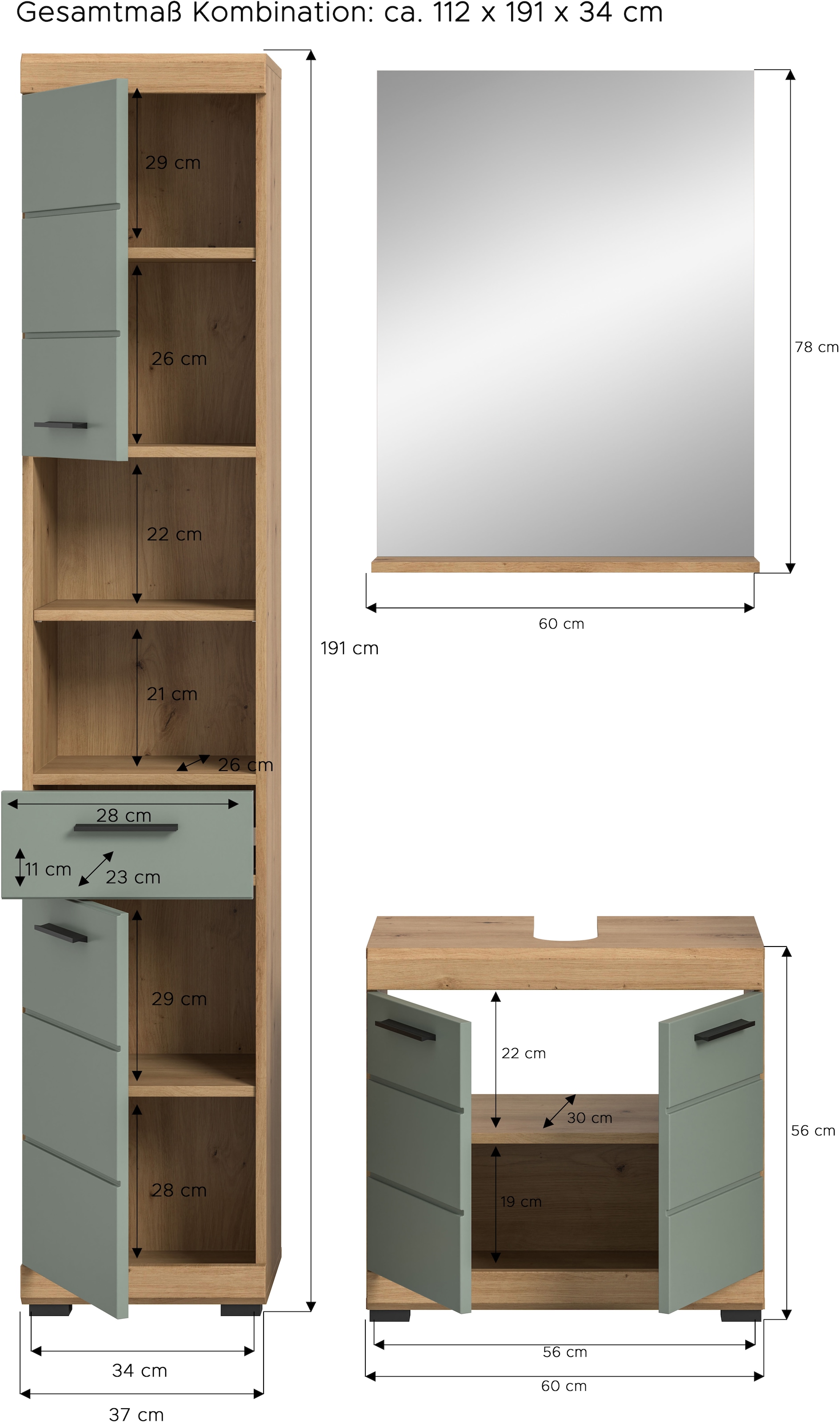 INOSIGN Badmöbel-Set »Siena, 3 teilig, bestehend aus:«, (Set), Hochschrank, Waschbeckenunterschrank, Spiegel