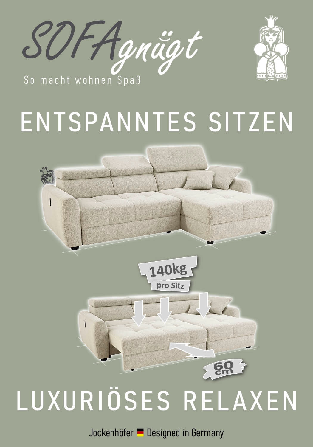 Jockenhöfer Gruppe Ecksofa »Move L-Form, B: 270 cm, mit 60 cm elektr. Sitztiefenverstellung« 140kg Belastbarkeit je Sitz, Kopfteilverstellung & USB-Anschluss