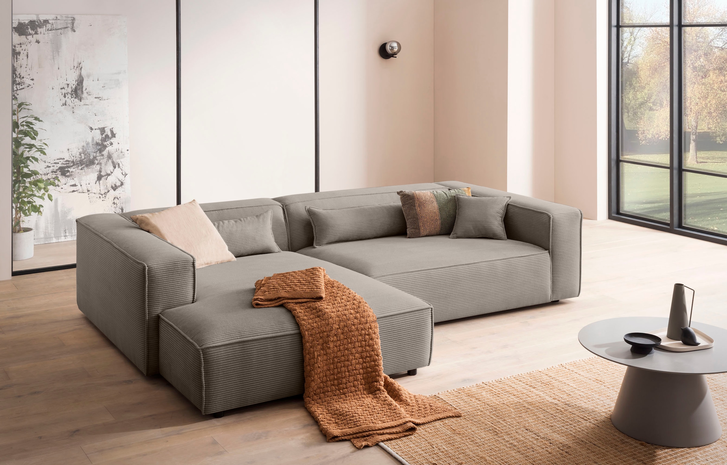 LeGer Home by Lena Gercke Ecksofa »PIARA XXL, Big-Sofa in Cord oder Leinenoptik, L-Form, mit Kedernaht«, wahlweise Ottomane rechts/links, schwarze Füße, bequemer Sitzkomfort