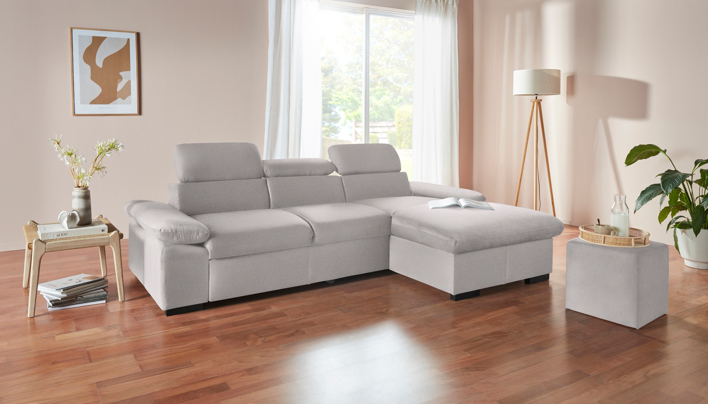 COTTA Ecksofa »Lola L-Form mit Kopfteilfunktion & Hocker«, (Set, mit Hocker), wahlweise mit Bettfunktion, Bettkasten & Armteilverstellung