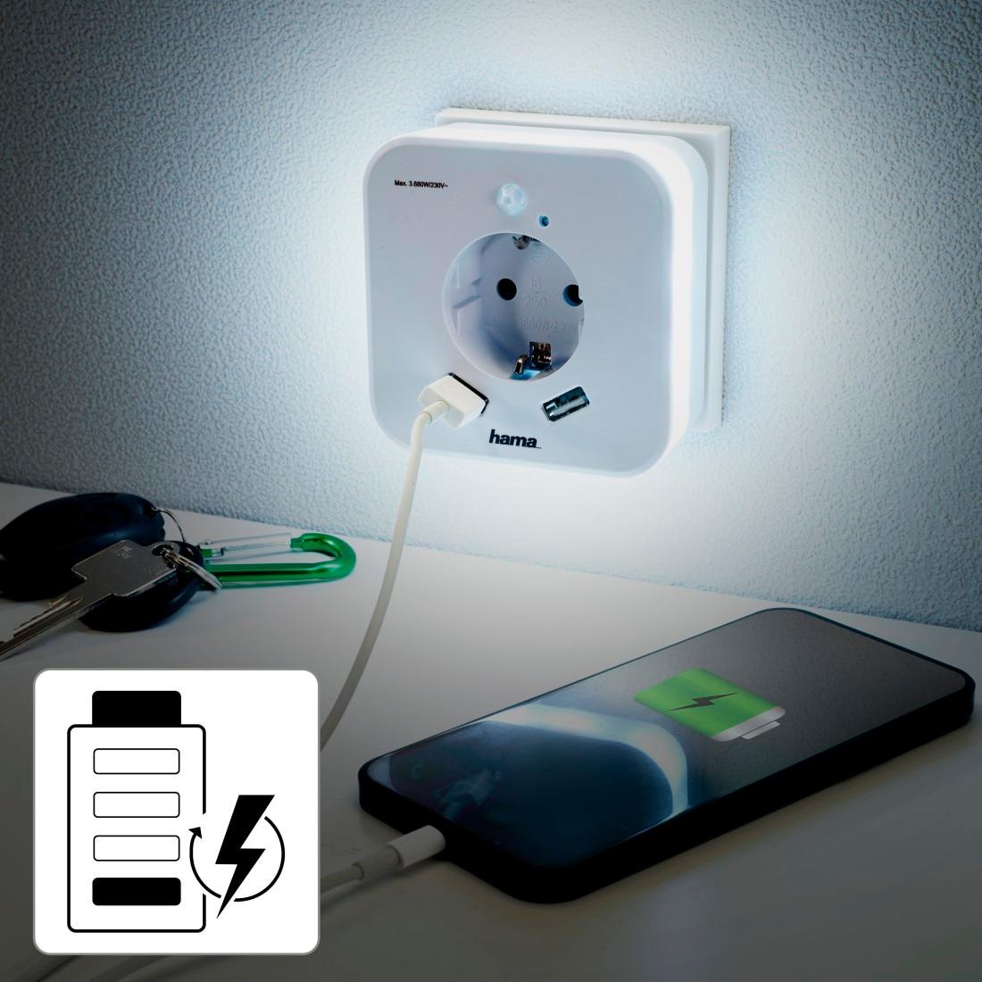 Hama LED Nachtlicht »Nachtlicht mit Steckdose und USB 2.4A, 2 Ausgänge, Helligkeitssensor«