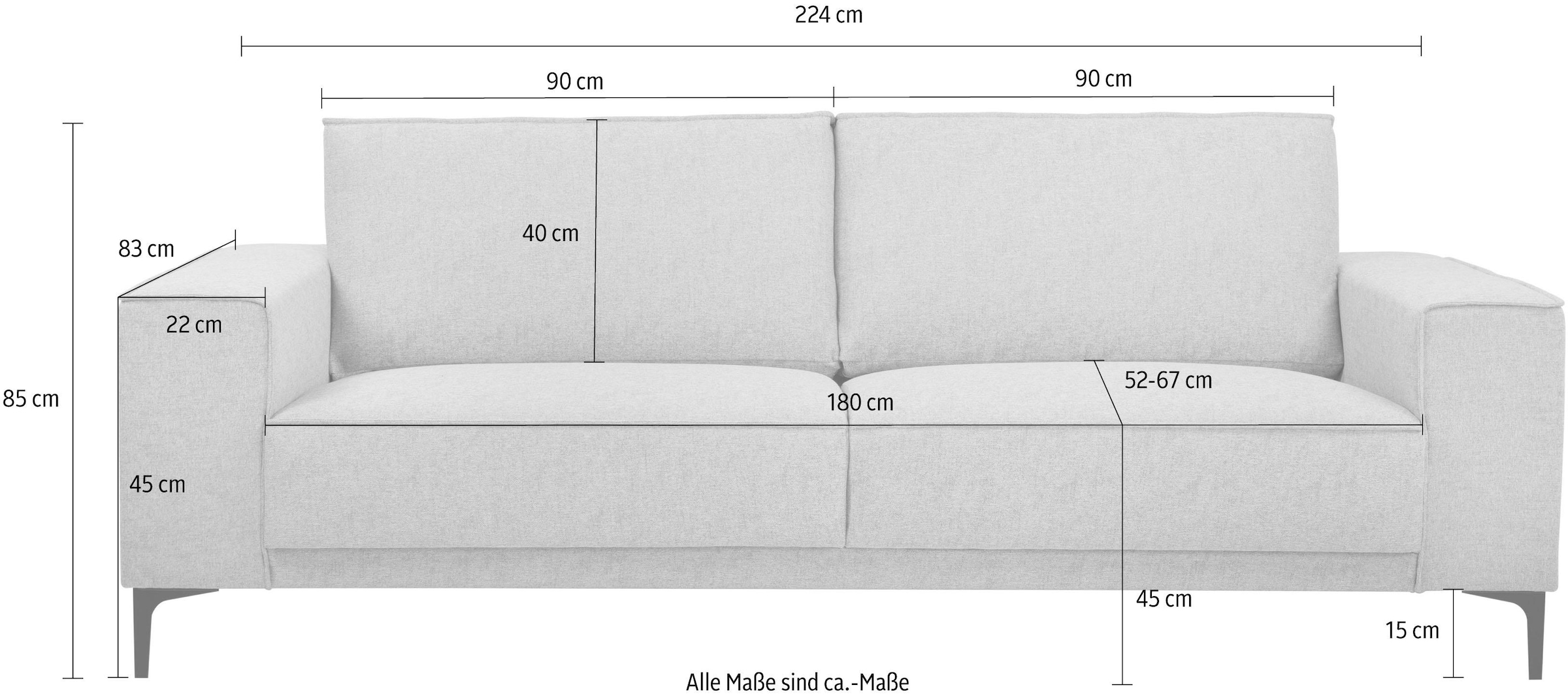 Places of Style 3-Sitzer »Oland«, 224 cm, Wellenunterfederung, Skandi-Design, Metallfüße
