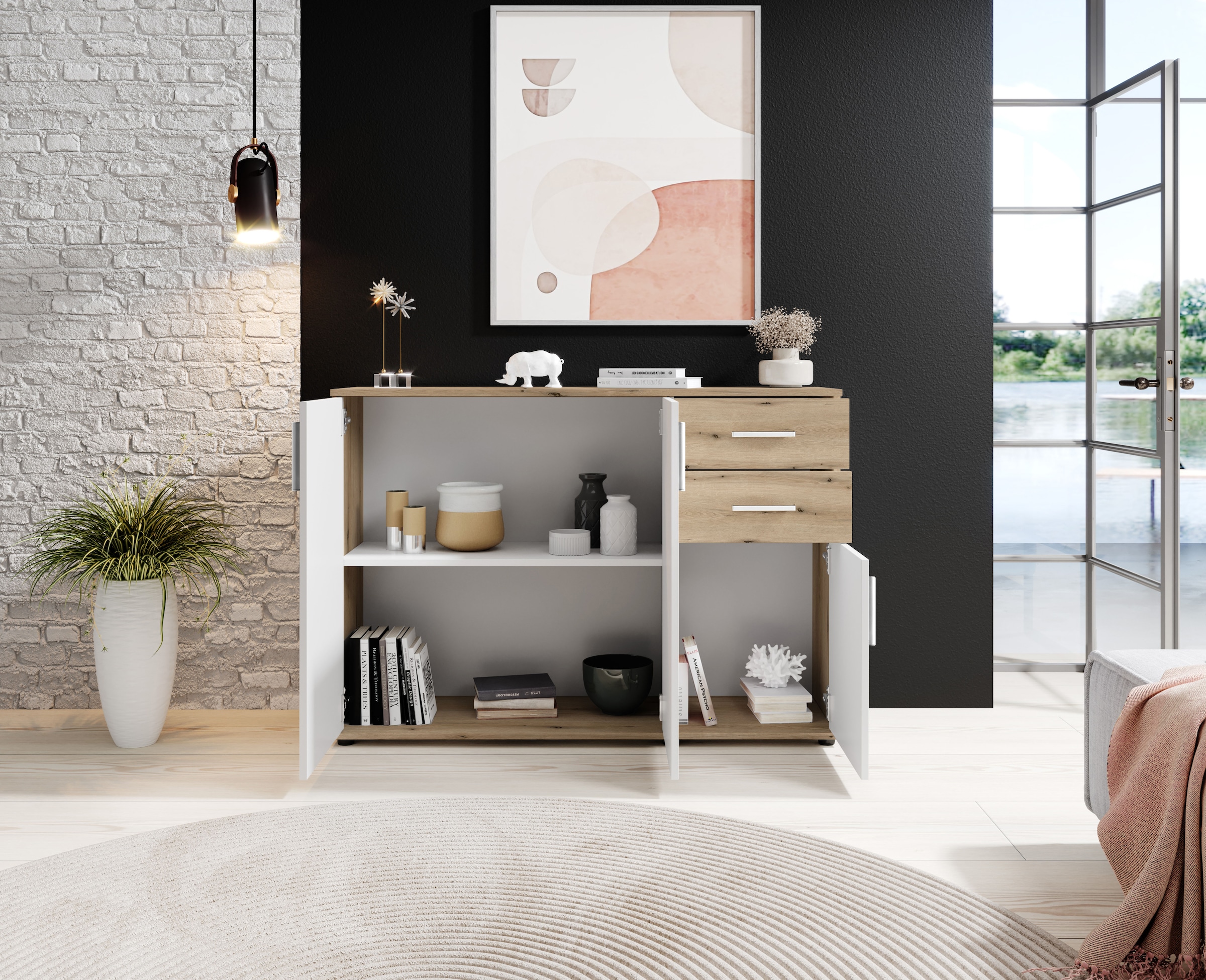 HBZ Kommode »BC-Drift-2, Sideboard Stellmaß BxHxT 120x84x35 cm«, (1 St.), Kommode mit 3 Türen, 2 Schubkästen und 1 Einlegeboden