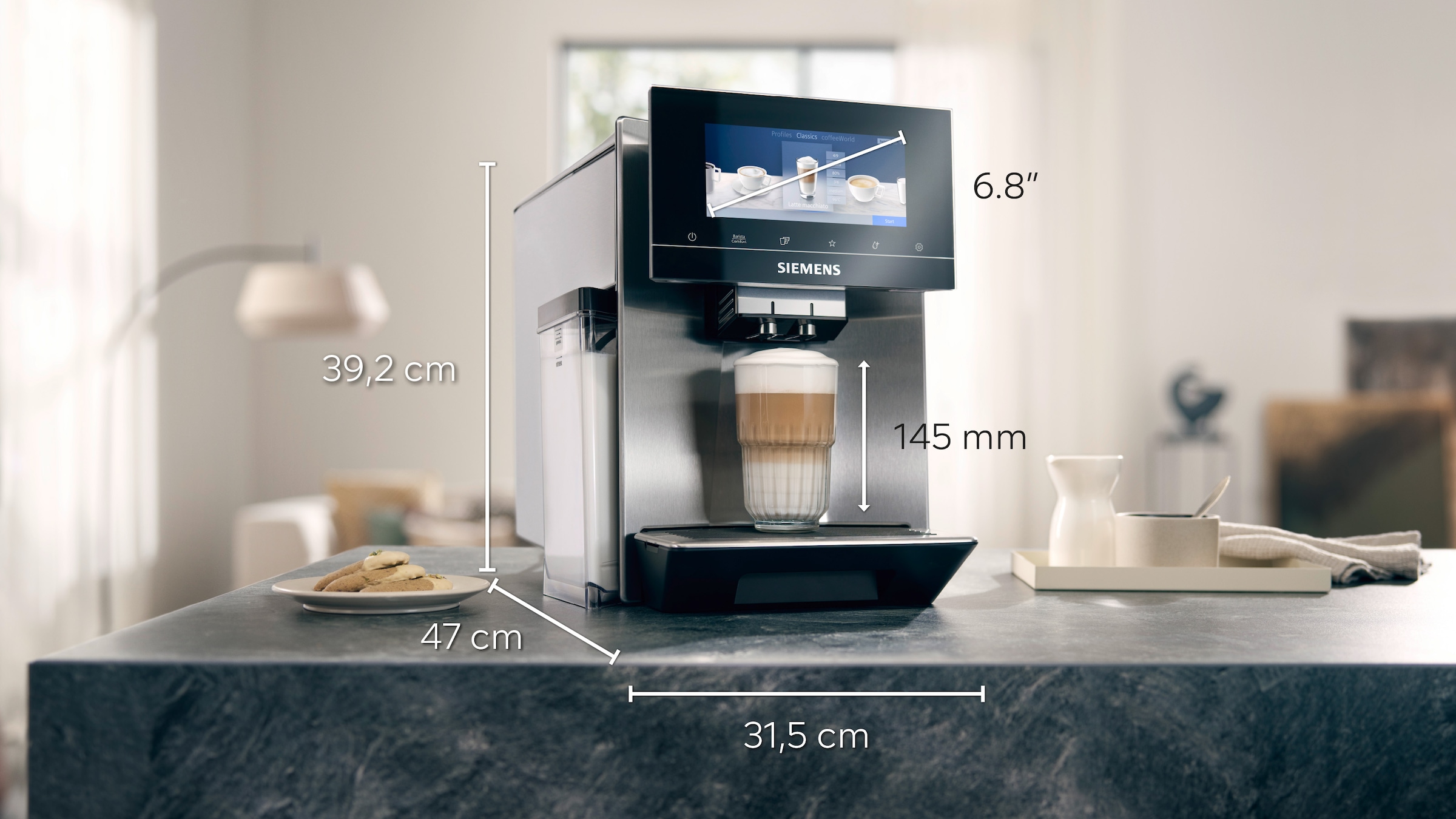 SIEMENS Kaffeevollautomat »EQ900 TQ905D03, intuitives 6,8" TFT-Display, Barista-Modus«, AromaBoost, App-Steuerung, Geräuschreduzierung,10 Profile, edelstahl