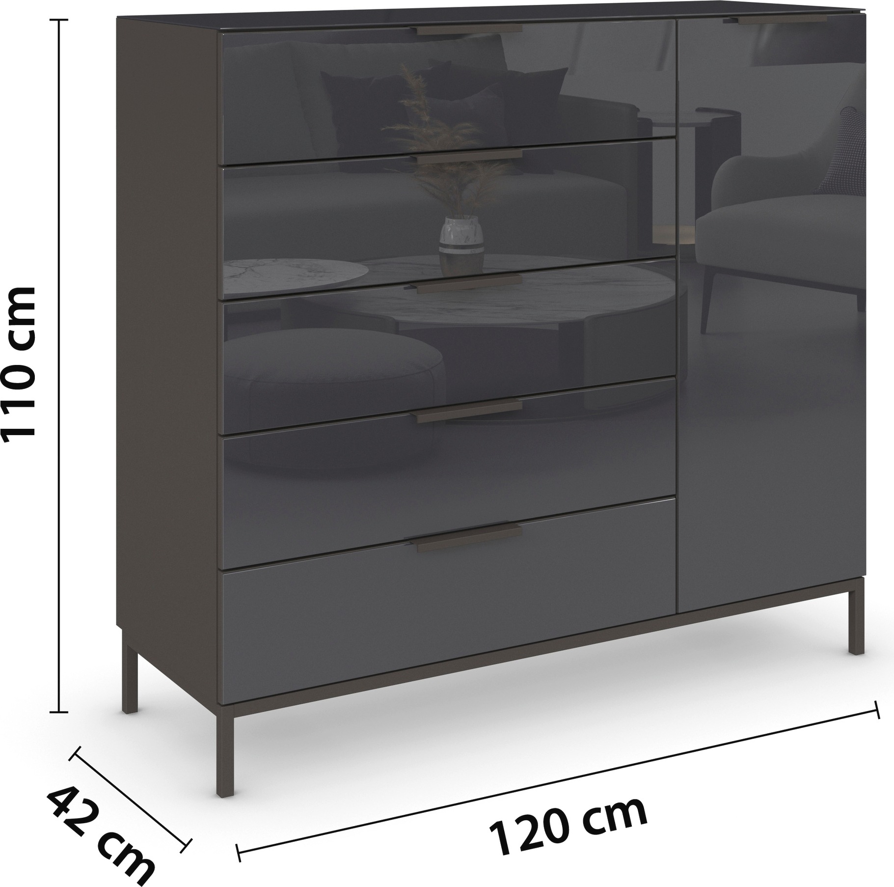 rauch Kombikommode »Kommode Türkommode Sideboard Kombikommode FLIPP mit Glasfront«, (Breite 120 cm mit 2 Einlegeböden), 1-türig, 5 Schubladen, Soft-Close-Funktion, Oberboden und Front Glas