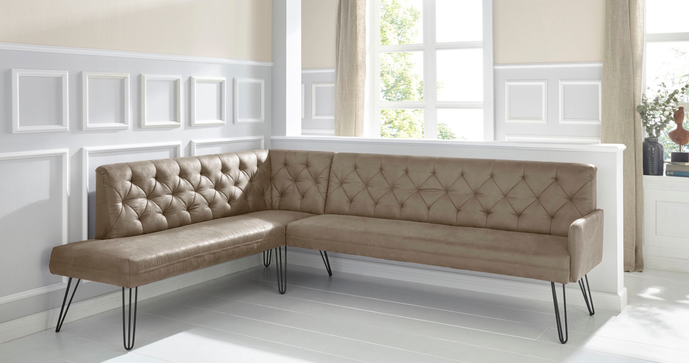 exxpo - sofa fashion Eckbank »Doppio, Chesterfield Optik, komfortabel und bequem, hohe Designfüße«, Frei im Raum stellbar
