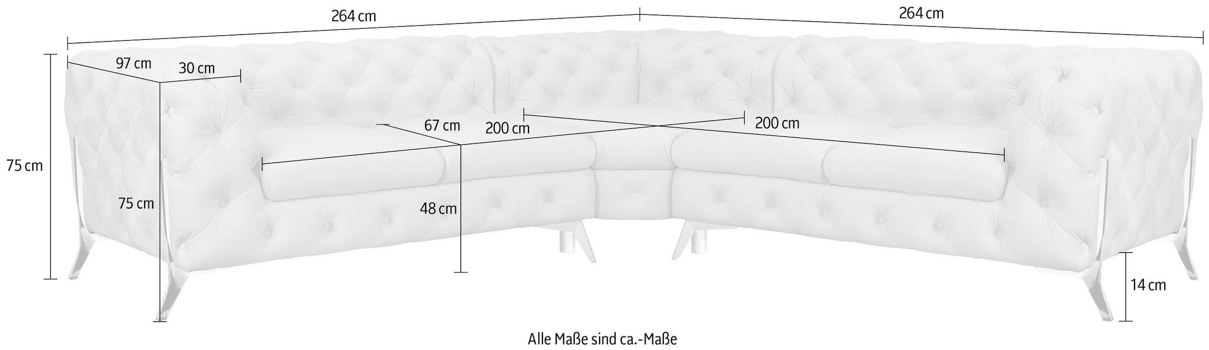 Leonique Chesterfield-Sofa »Amaury L-Form«, Chesterfield-Optik, Breite/Tiefe je 262 cm, Fußfarbe wählbar