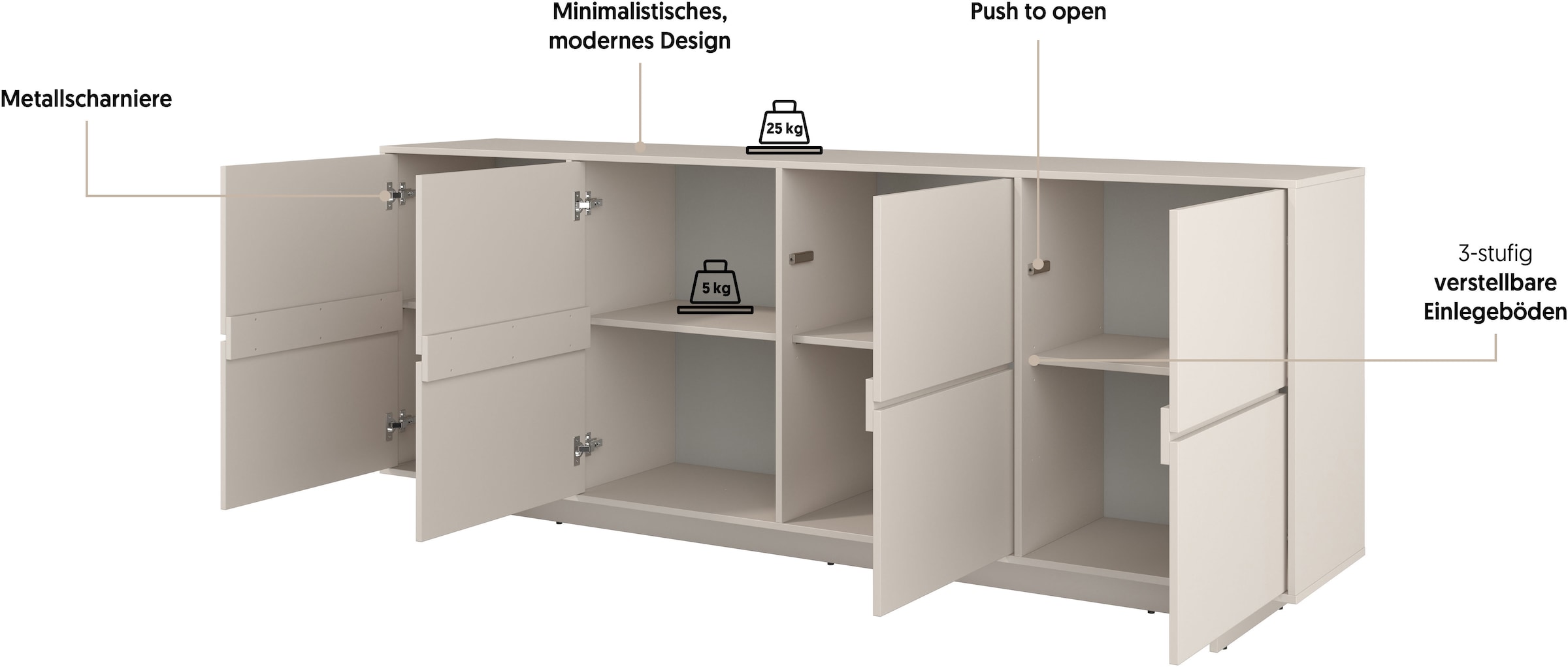 OTTO home Sideboard »Tatami, Stilvolle, moderne grifflose Kommode 4 Türen, Breite 220cm« Anrichte mit viel Stauraum, Böden verstellbar, push-to-open-Funktion
