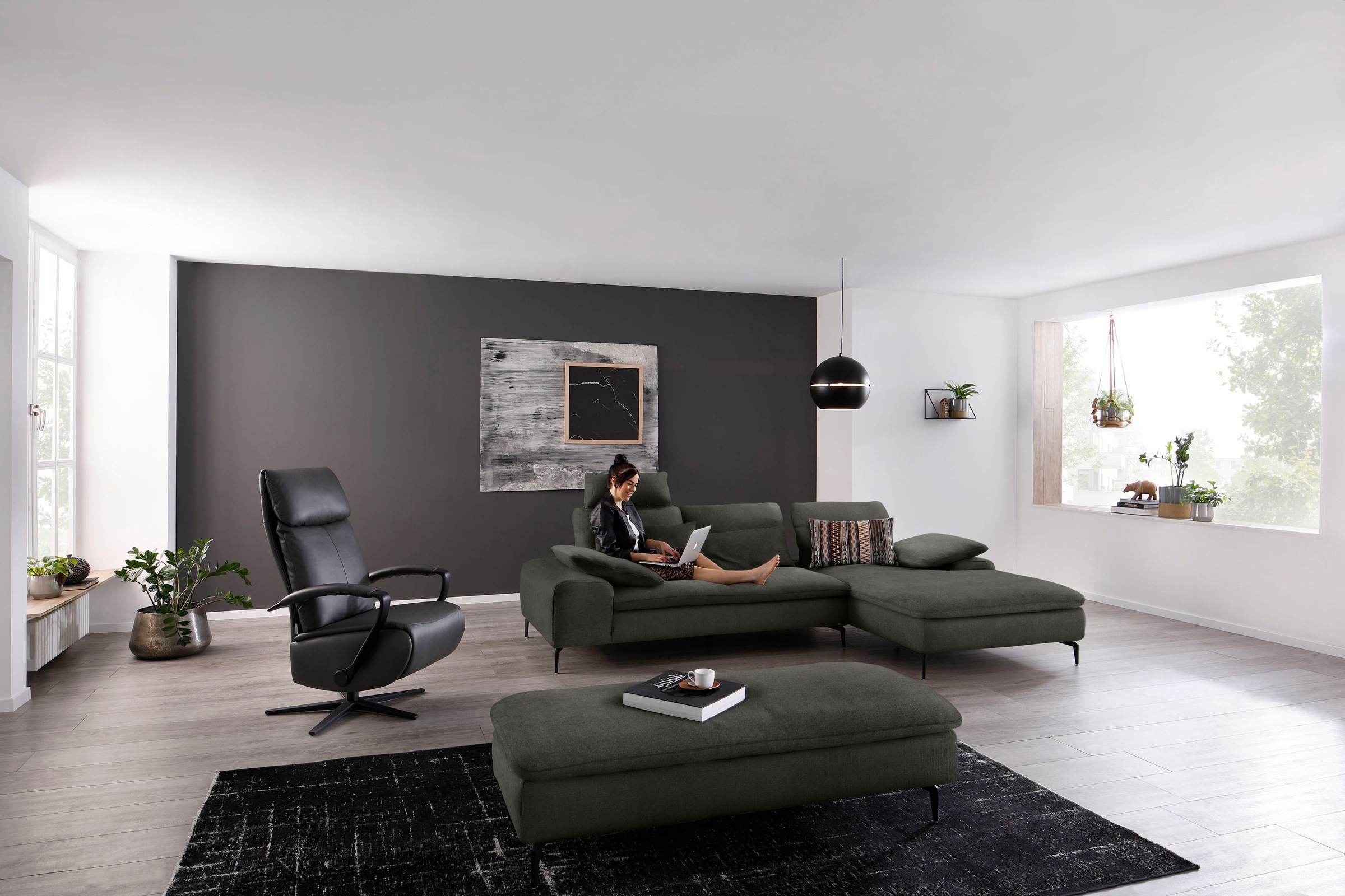 W.SCHILLIG Ecksofa »valentinoo, Designsofa, bequem, elegant und zeitlos, L-Form«, (Set), inklusive Hocker, mit Sitztiefenverstellung, Breite 299 cm