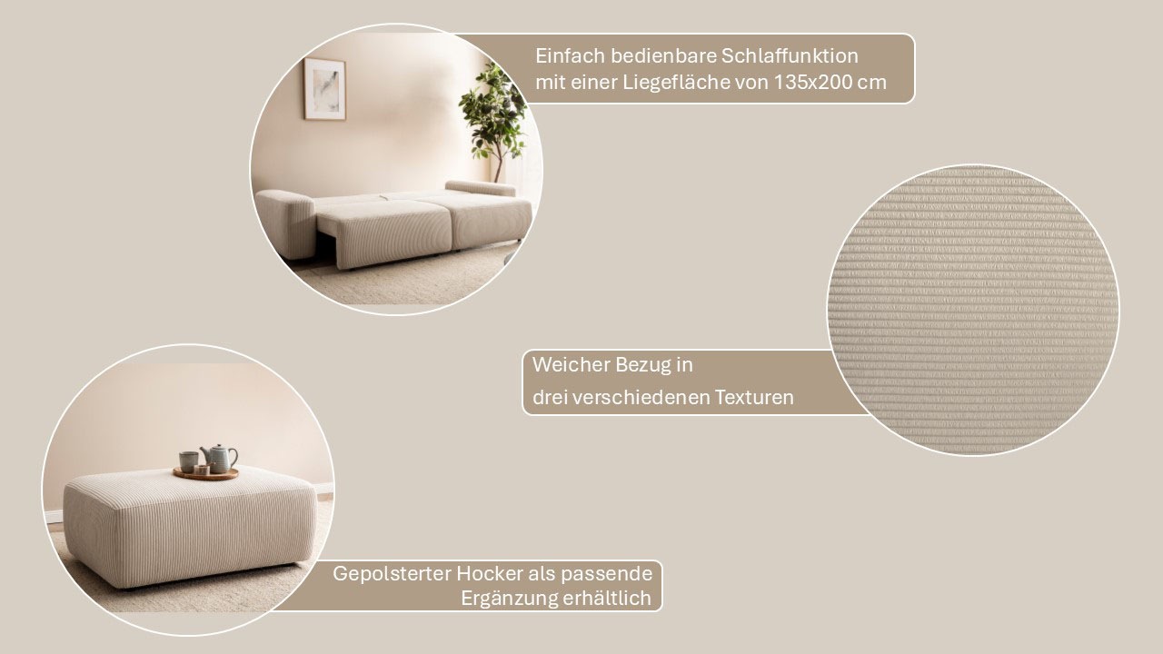 INOSIGN 3-Sitzer »TORGE (257cm), Sofa,Schlafsofa in Cord, Samtvelours, Struktur fein«, rundes Design, Schlaffunktion u. Bettkasten, Liegefläche: 135/200 cm