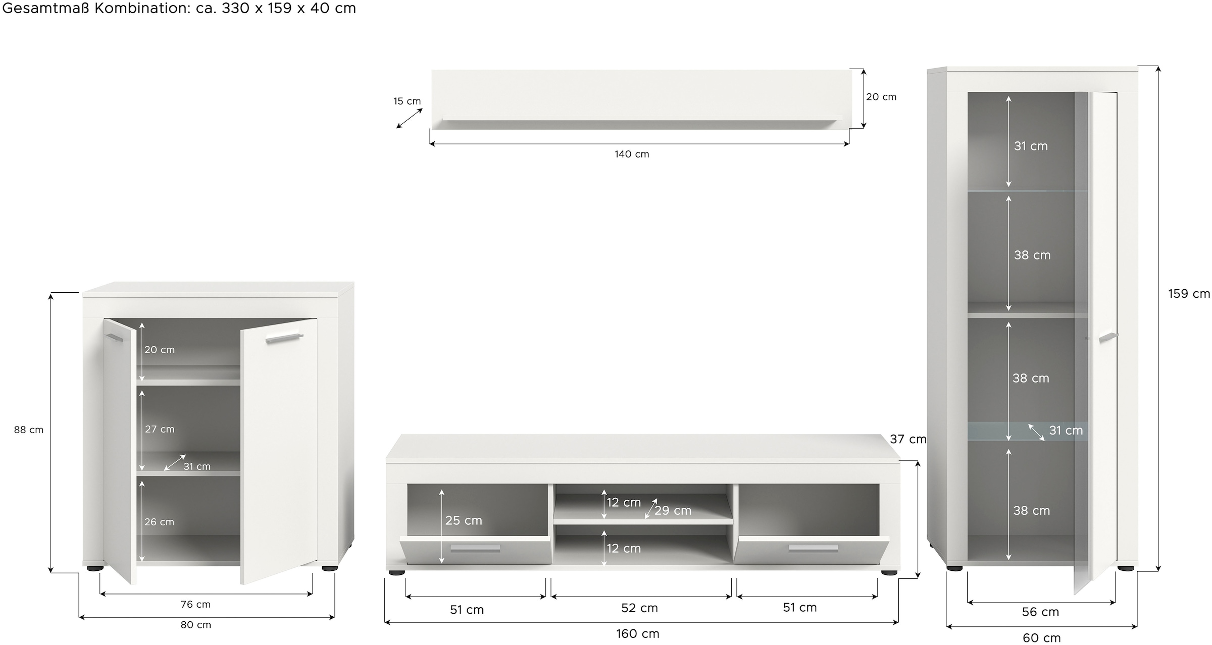 INOSIGN Wohnwand »Aosta, Breite 330cm, best. aus Highboard, Lowboard, Wandboard, Vitrine«, (4 St.), Wohnwand, Kombination, Anbauwand, Möbel Set, Schrankwand, Möbel Kombi