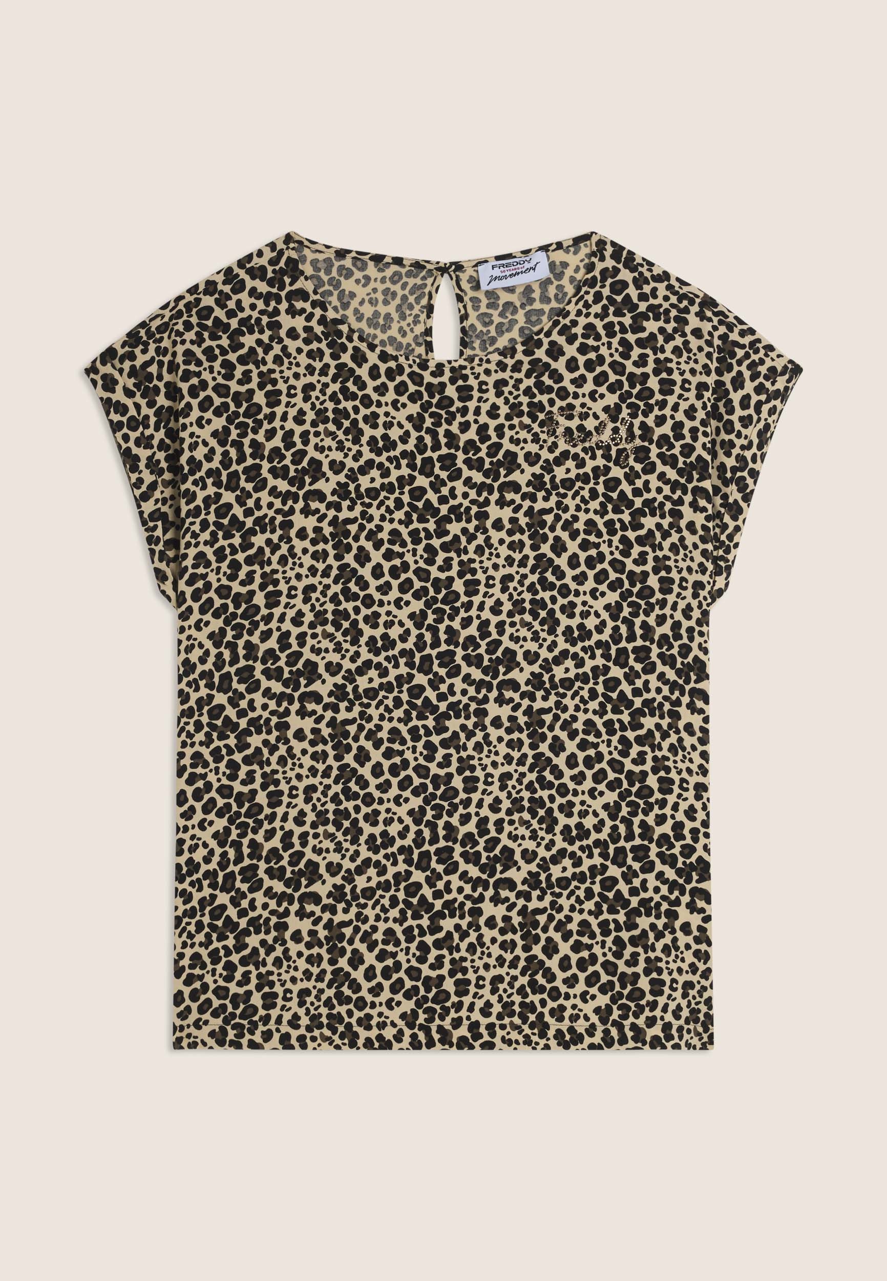 Freddy Rundhalsshirt mit allover Leoprint und Glitzerlogo