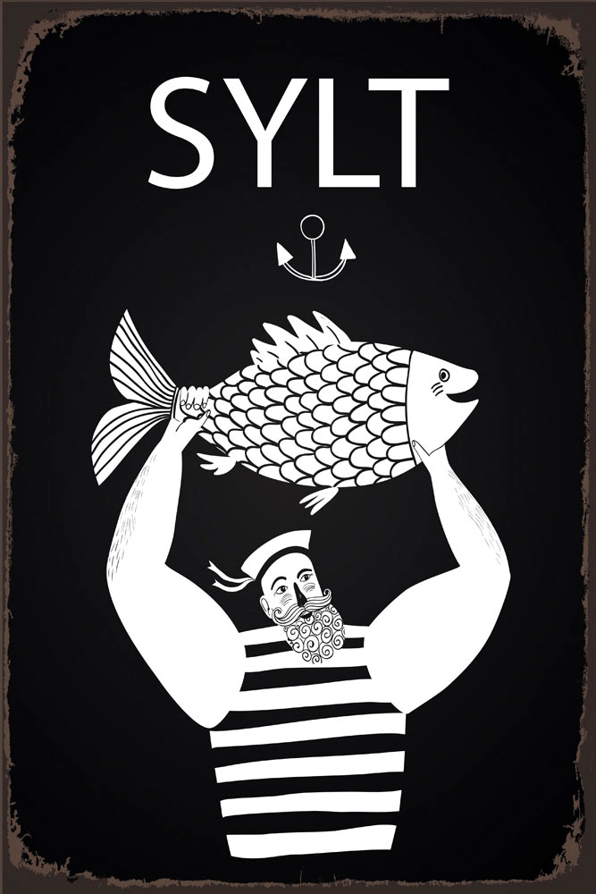 queence Metallbild »Sylter Fisch«, Schriftzüge-Schriftzug-Schwarz-Weiß, (1 St.), Stahlschilder
