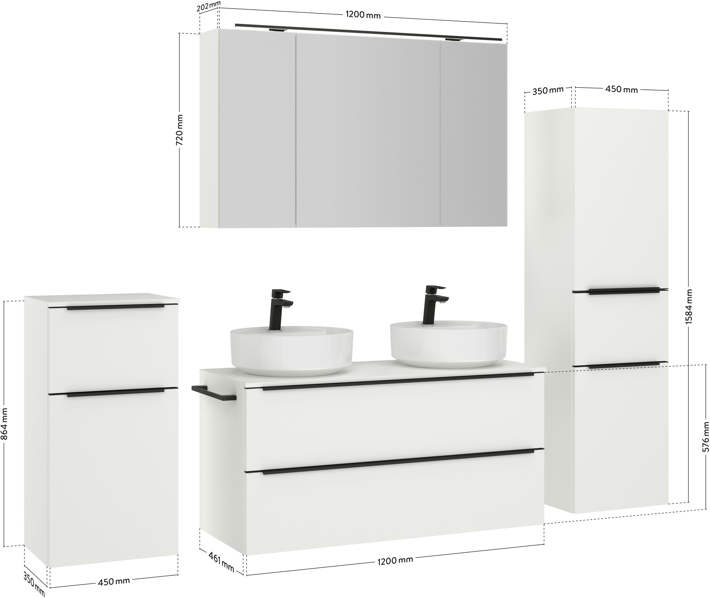 nobilia® Badmöbel-Set »Alvene«, (4 St., vormontiert, mit Soft-Close), inkl. Spiegelschrank mit Beleuchtung und Dimmerfunktion, in 4 Breiten