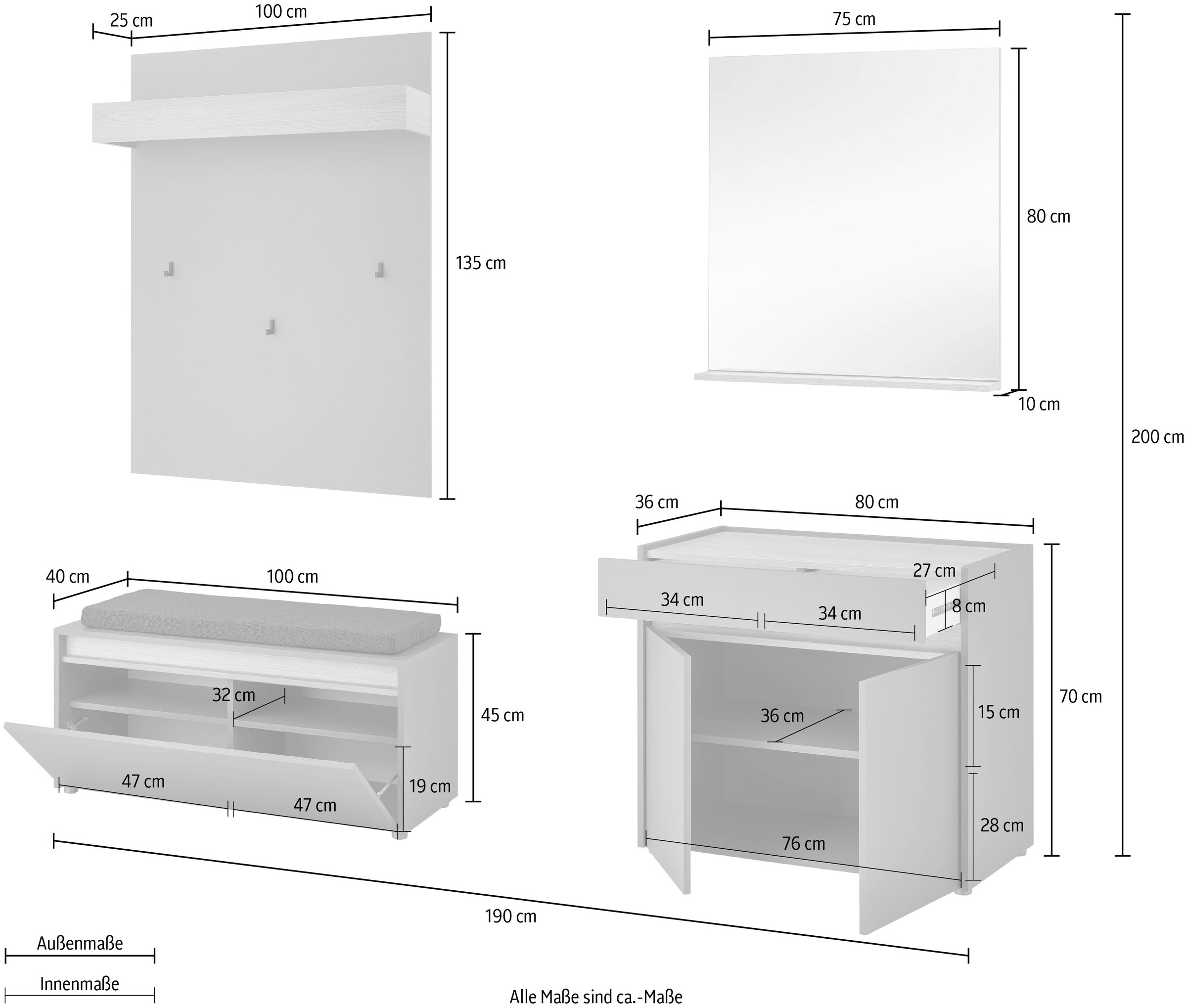 INOSIGN Garderoben-Set »GIRON/CiTY, moderne Garderobe, Komplettset mit viel Stauraum«, (Komplett-Set, 4 St.), enthält Kommode, Spiegel, Paneel & Schuhbank +Sitzkissen, 190 cm breit