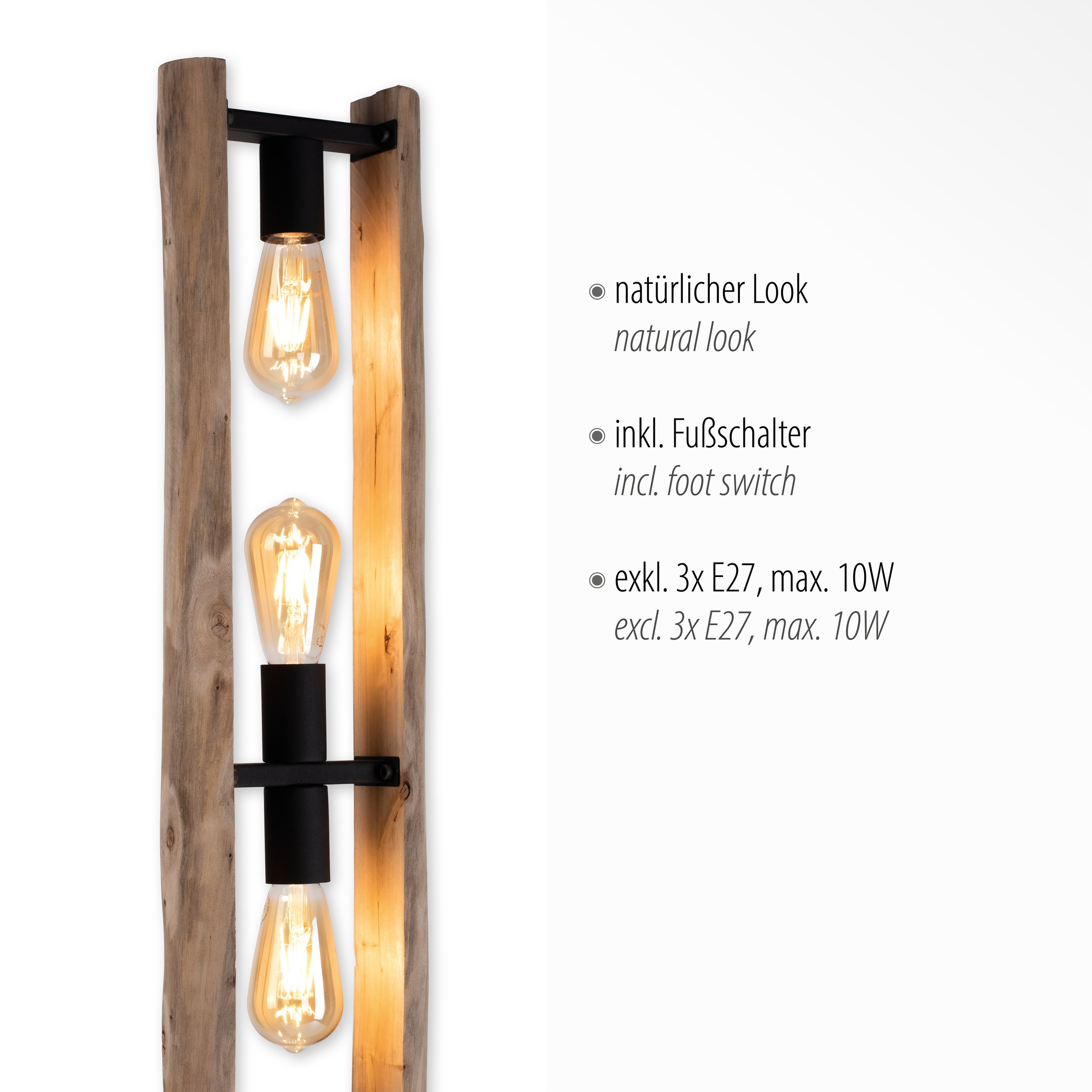JUST LIGHT Stehlampe »LOG«, 3 flammig, ExklusiveE27, Schalter, Fußschalter
