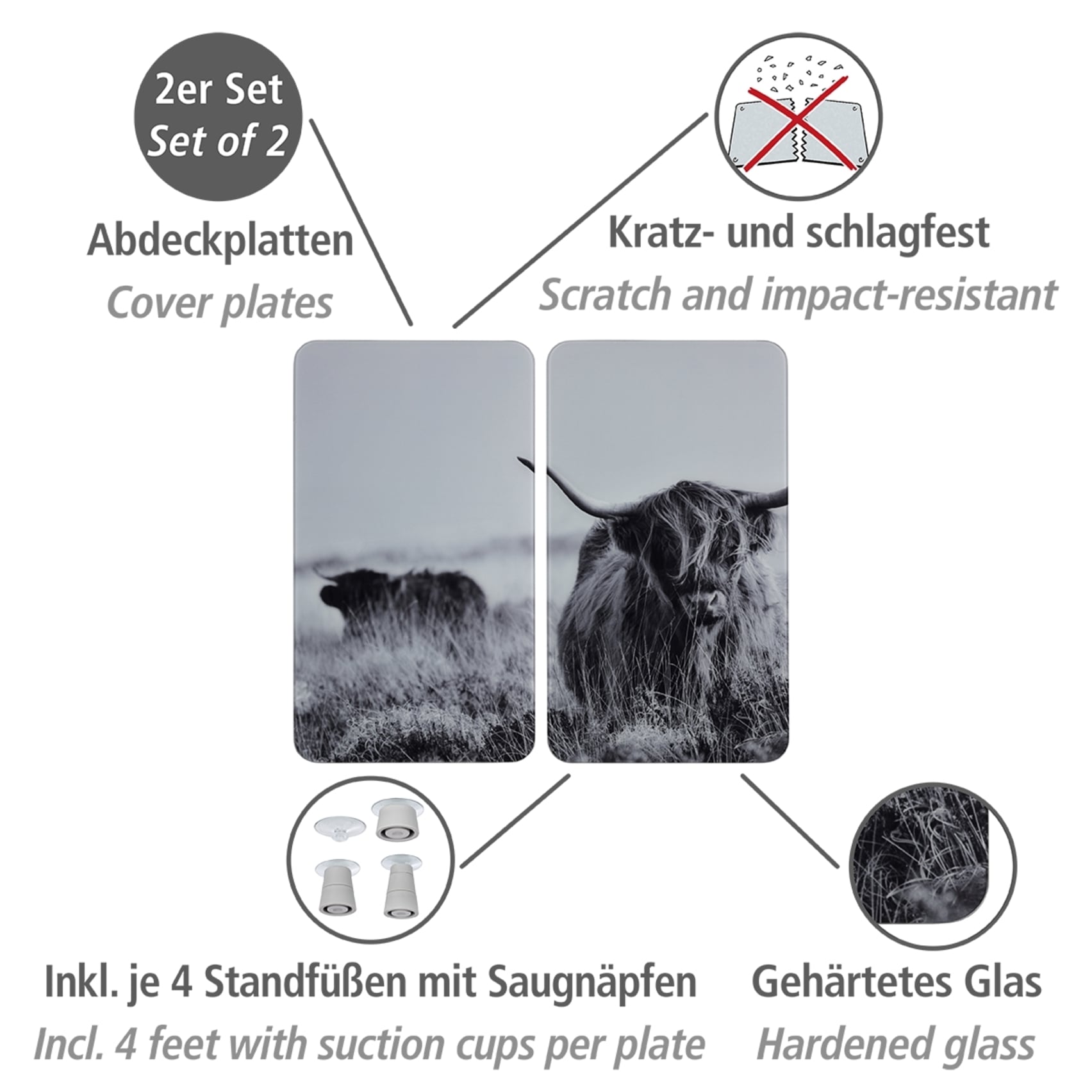 WENKO Herd-Abdeckplatte »Universal Modell Highland Cattle«, (Set, 2 tlg.), Herdabdeckung für alle Herdarten, kratzfest, mit rutschfesten Füßen