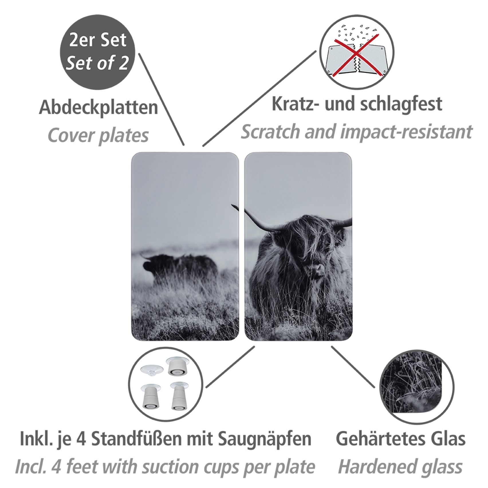 WENKO Herd-Abdeckplatte »Universal Modell Highland Cattle«, (Set, 2 tlg.), günstig online kaufen