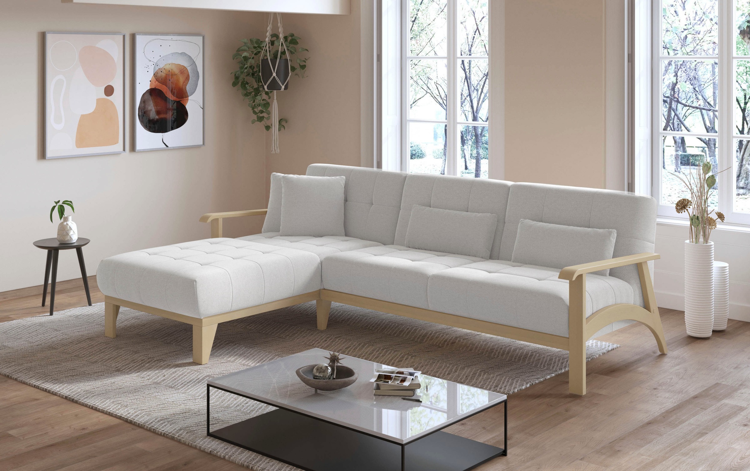 sit&more Ecksofa »Billund L-Form«, Armlehnen aus Buchenholz in natur, verschiedene Bezüge und Farben
