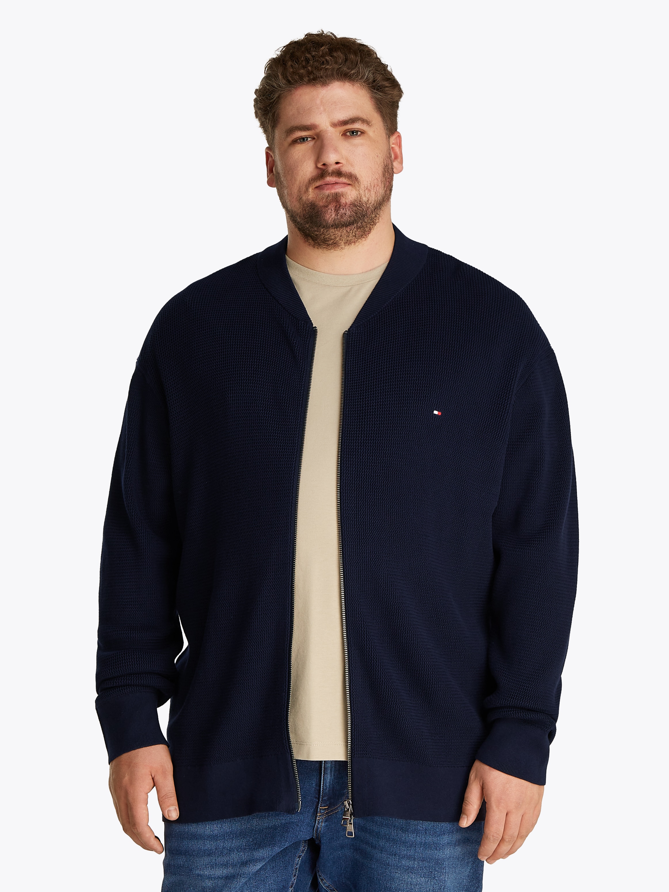 TOMMY HILFIGER Big & Tall Strickjacke »BT-RACKING STRUCTURE BASEBALL-B«, Große Größen, mit feiner Struktur