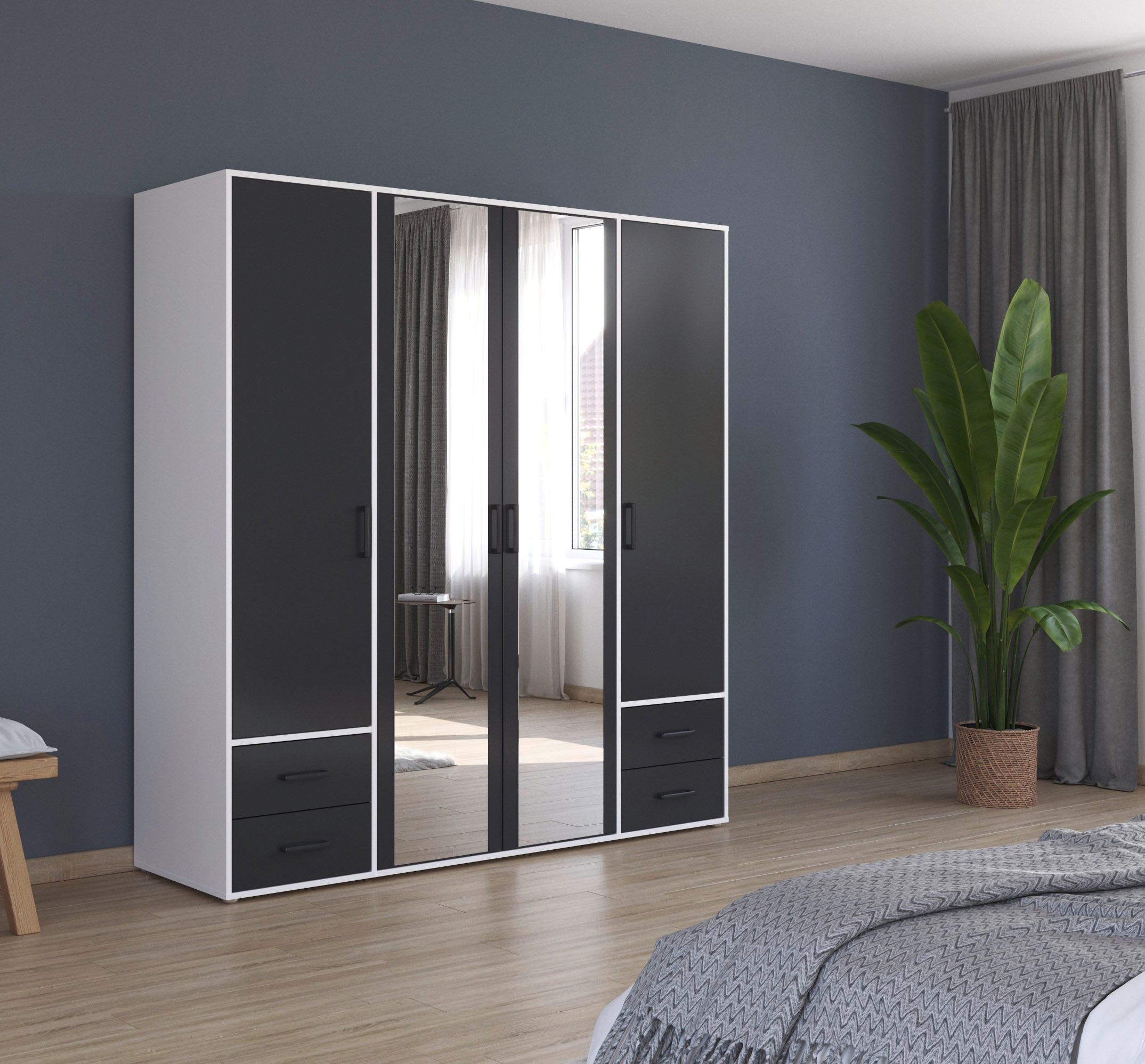 rauch Drehtürenschrank »Kleiderschrank Schrank Garderobe Wäscheschrank VOYAGER«, (in 3 verschiedenen Ausstattungen BASIC/CLASSIC/PREMIUM), mit modernen Griffen in Graumetallic, inkl. Schubkästen und Spiegel
