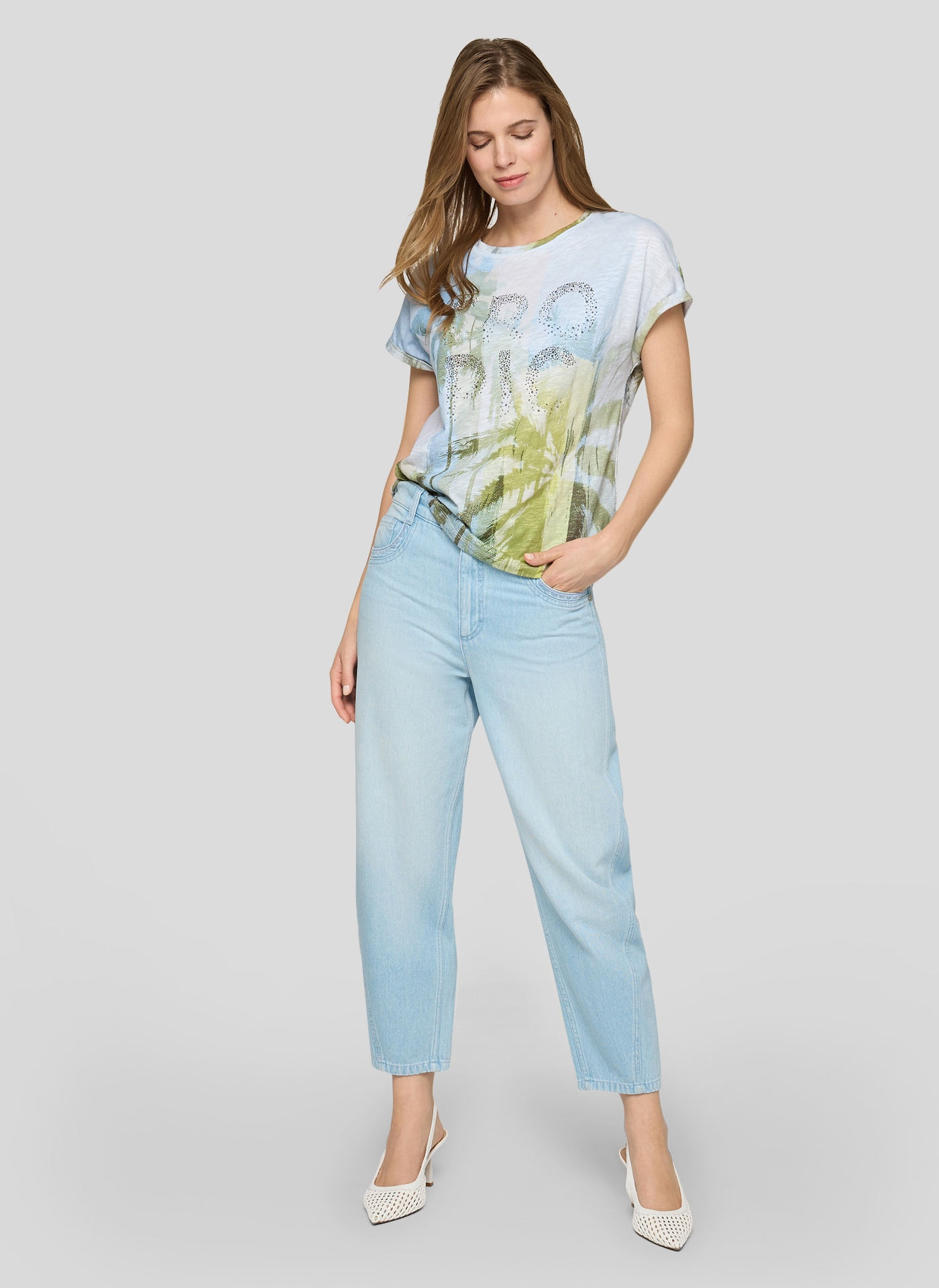 Rabe Kurzarmshirt mit floralem Motiv und Glitzersteinen