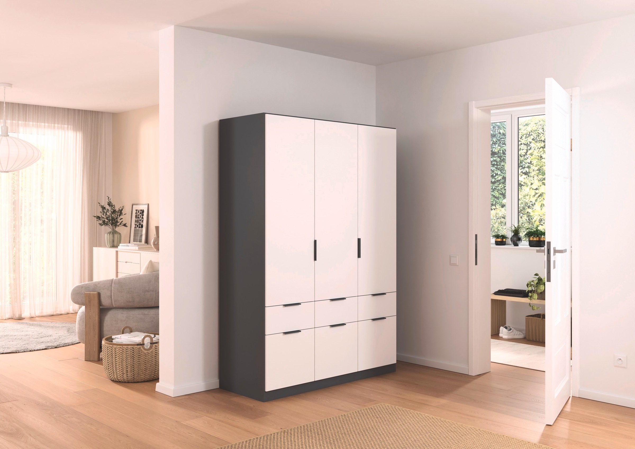 rauch Kleiderschrank »Kleiderschrank Schrank Garderobe Wäscheschrank DUNDEE«, (mit 3 Griff-Varianten), Schubladen in zwei Höhen, optional mit Spiegel MADE IN GERMANY