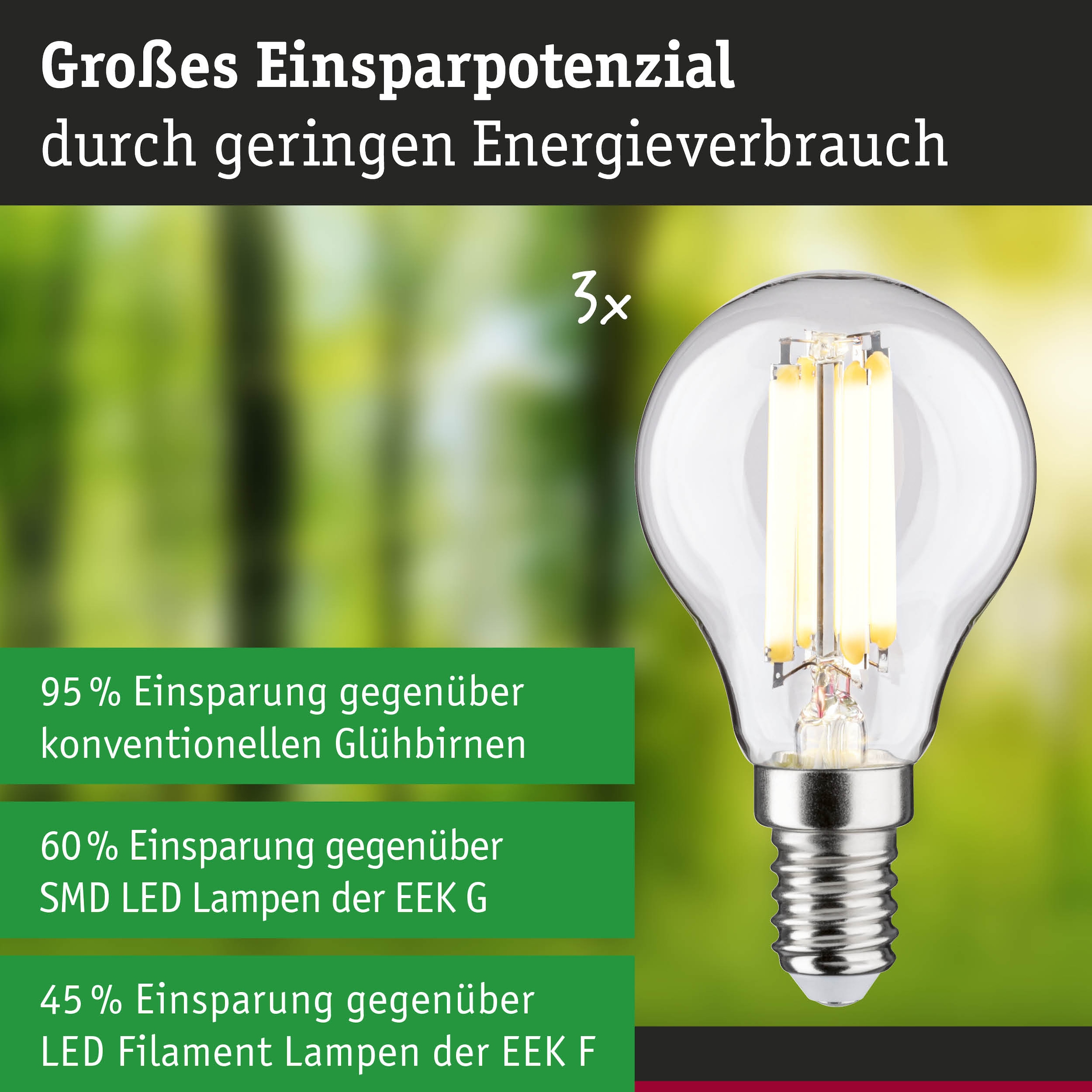 Paulmann LED-Leuchtmittel »Efficient-Line Filament 230V LEDTropfen E14 3 St.525lm 2,5W 3000K Klar« E14 3 Stk. Warmweiß