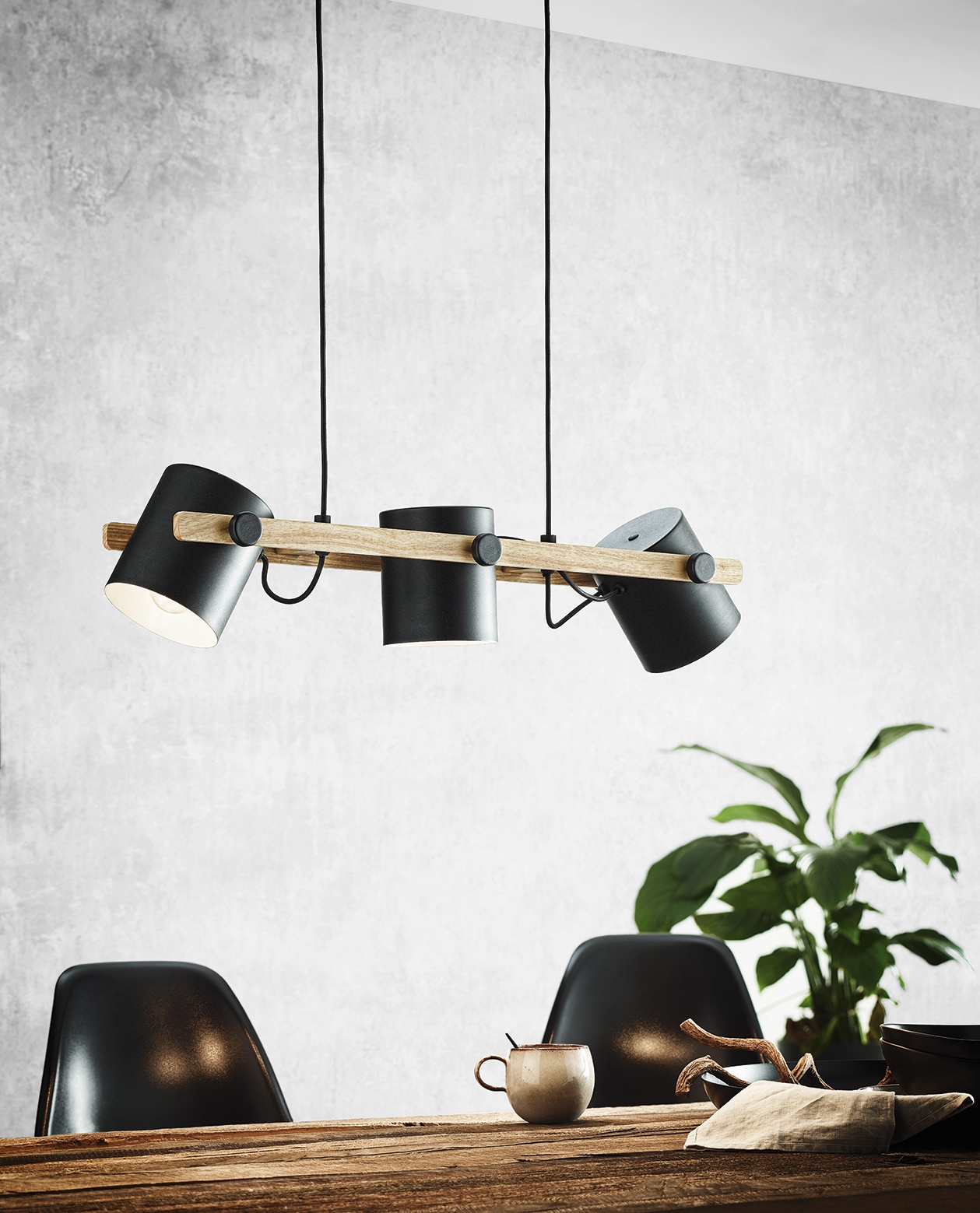 EGLO Hängeleuchte »HORNWOOD Hängelampe, Pendelleuchte, Industrial, Vintage, Stahl, Holz«, 3 flammig, Leuchtmittel E27 | ohne Leuchtmittel, Wohnzimmer, Esszimmer, 3-flammig, schwarz, braun, 110x78x21cm