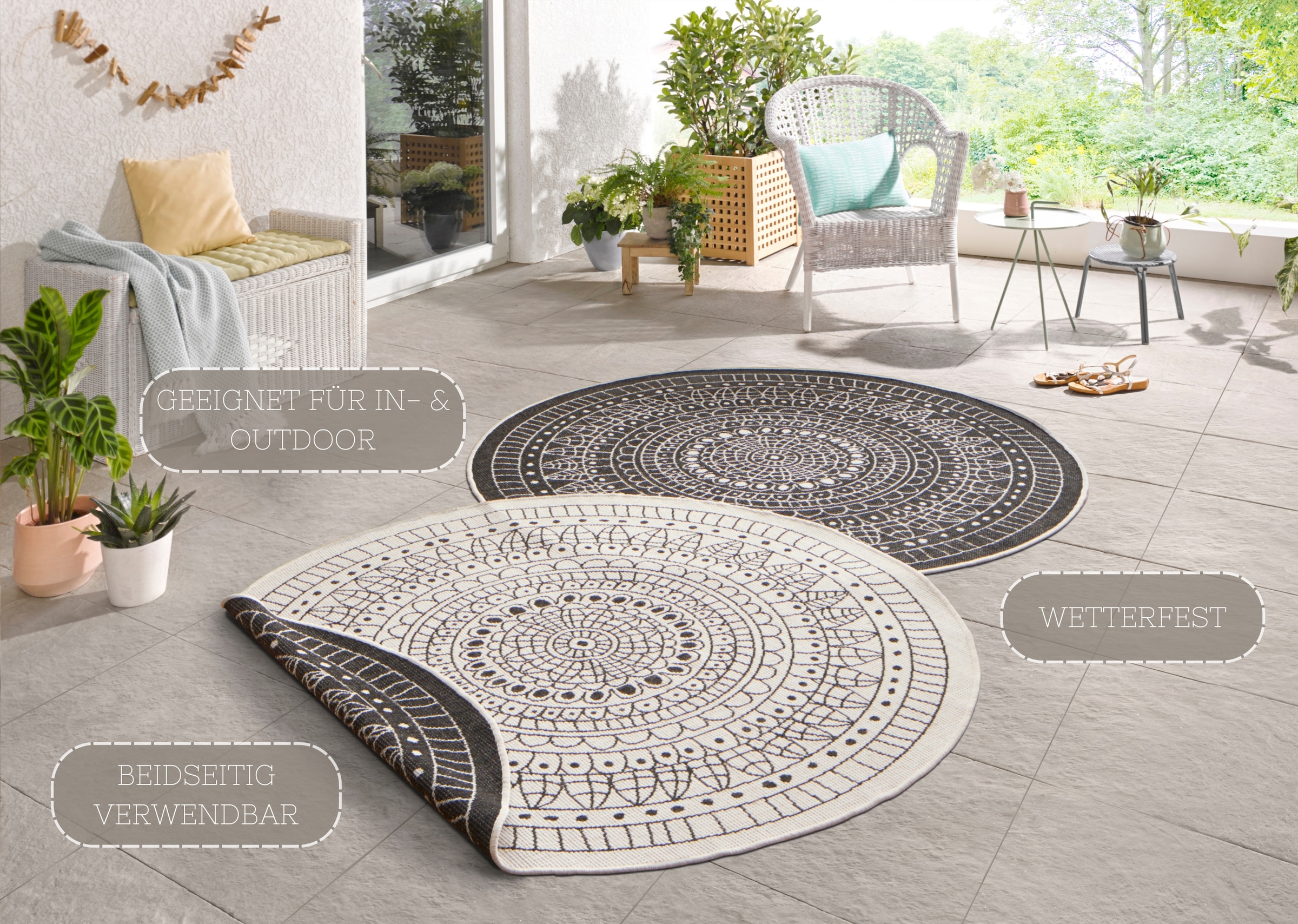 NORTHRUGS Teppich »Porto Wendeteppich«, rund, 5 mm Höhe, In-& Outdoor, Wetterfest, Balkon, Garten, Wohnzimmer, Wasserfest