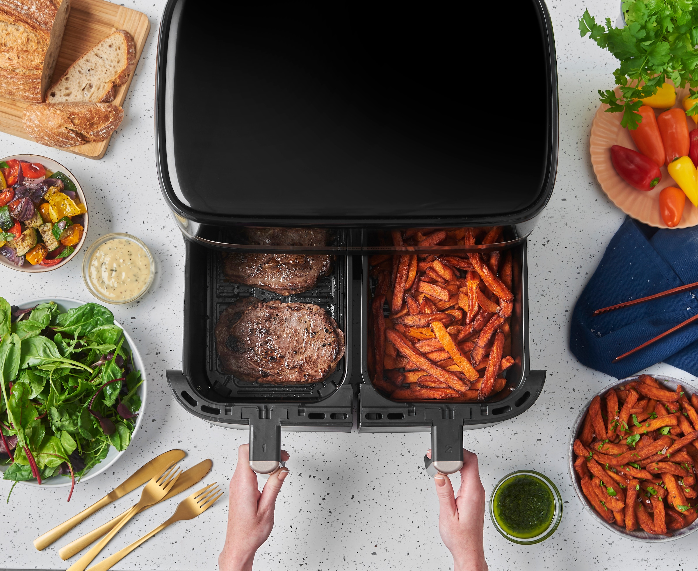 RUSSELL HOBBS Heißluftfritteuse »27680-56 s SatisFryTM Dual basket, 4,5L«, 2800 W, Airfryer–wenig oder kein Öl erforderlich, 9 Programme, 9 L