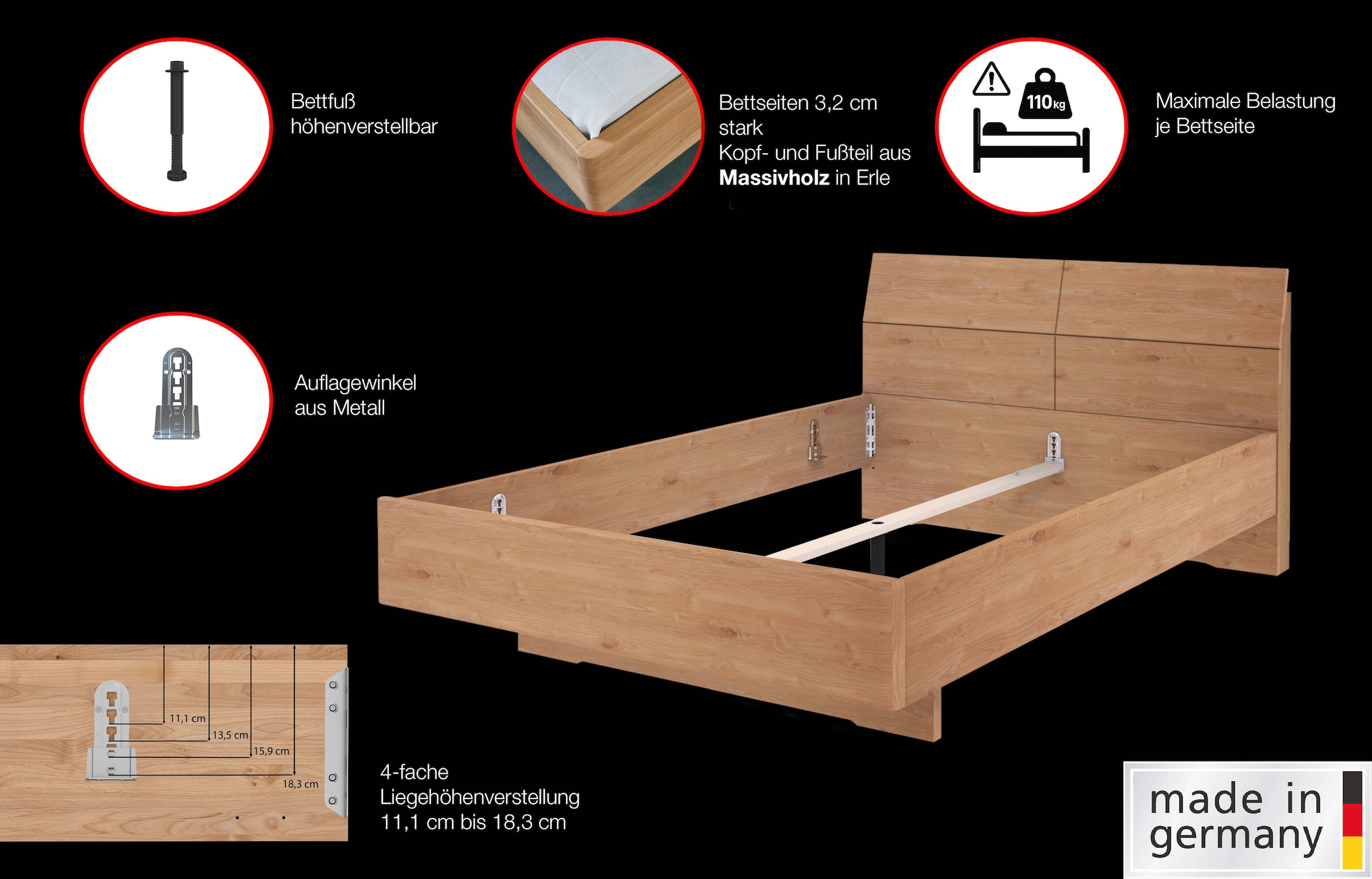 WIEMANN Holzbett »Cardiff, Bettgestell, Bettrahmen, teilmassiv Erle«, (Belastbarkeit 110/220 Kg, 4-fache höhenverstellbar, MADE IN GERMANY), Kopf- und Fußteil aus Massivholz in Erle, verschiedene Größen