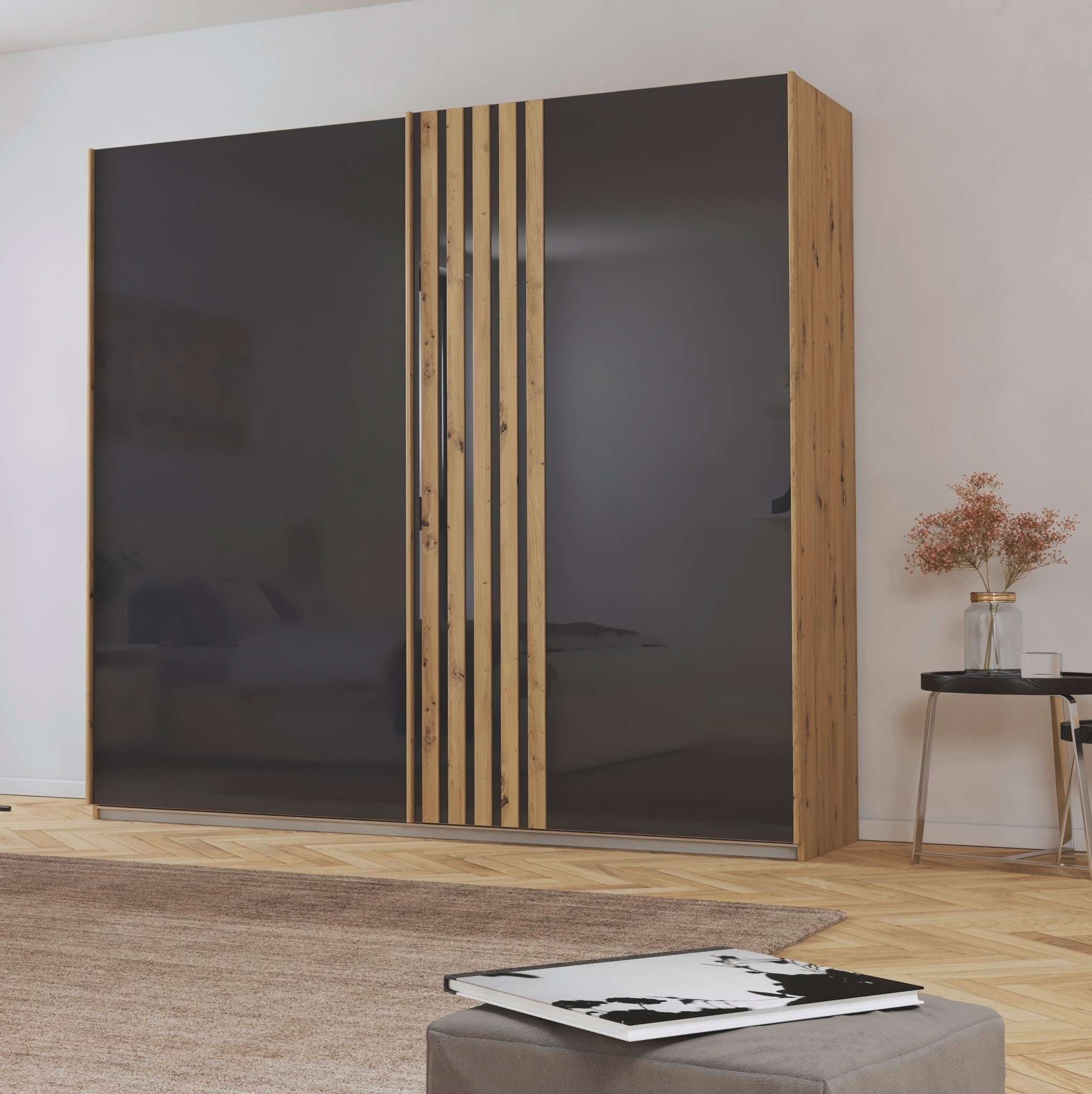 rauch Schwebetürenschrank »Mosbach«, in moderner Lamellen-Optik und Glasfront