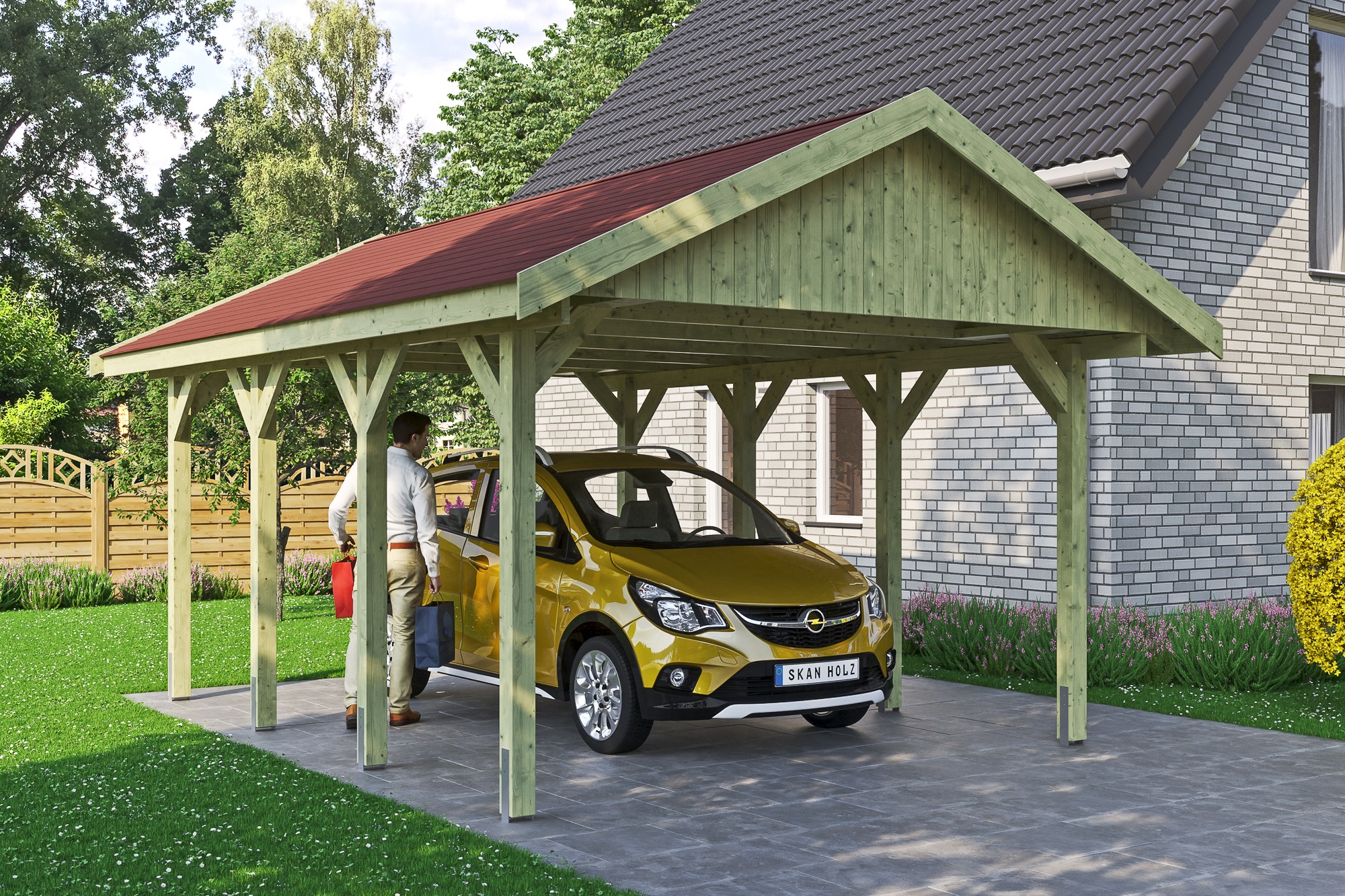 Skanholz Einzelcarport »Wallgau«, 340 cm, Grün, mit roten Dachschindeln