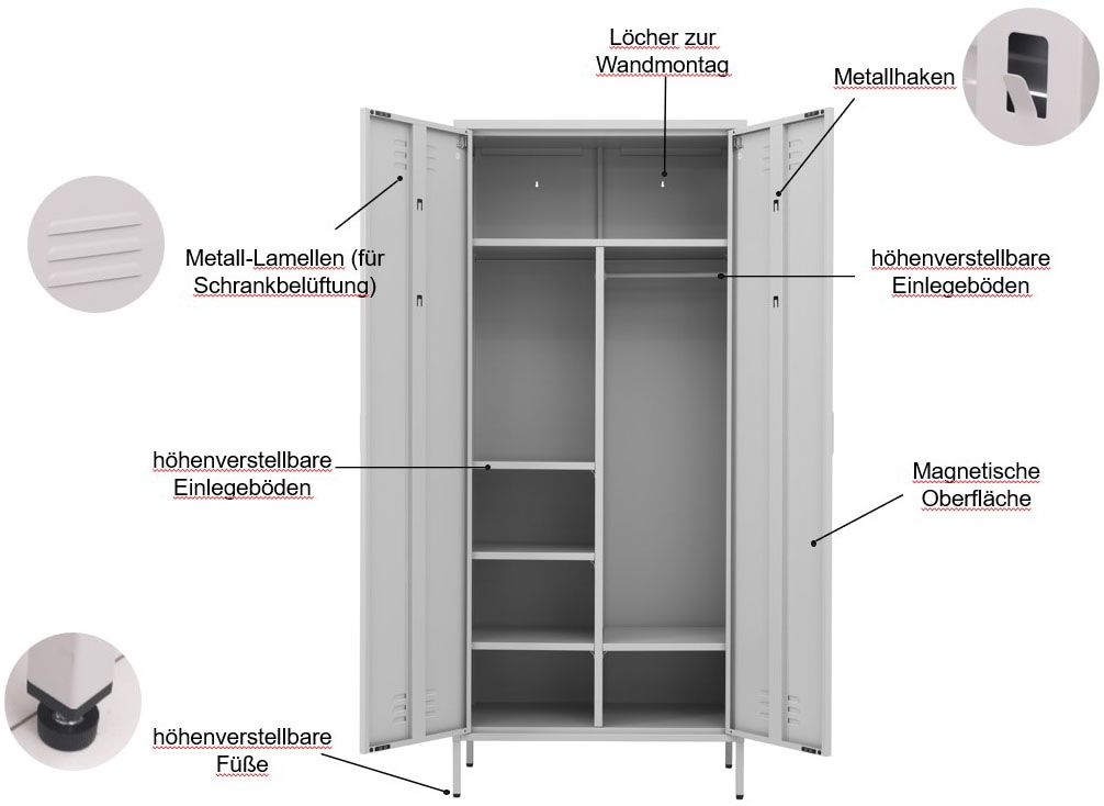 INOSIGN Drehtürenschrank »Kleiderschrank Schrank Metallschrank Mehrzweckschrank Siena Spind« in 4 Farben aus Metall,  in der Höhe verstellbar, abschließbar