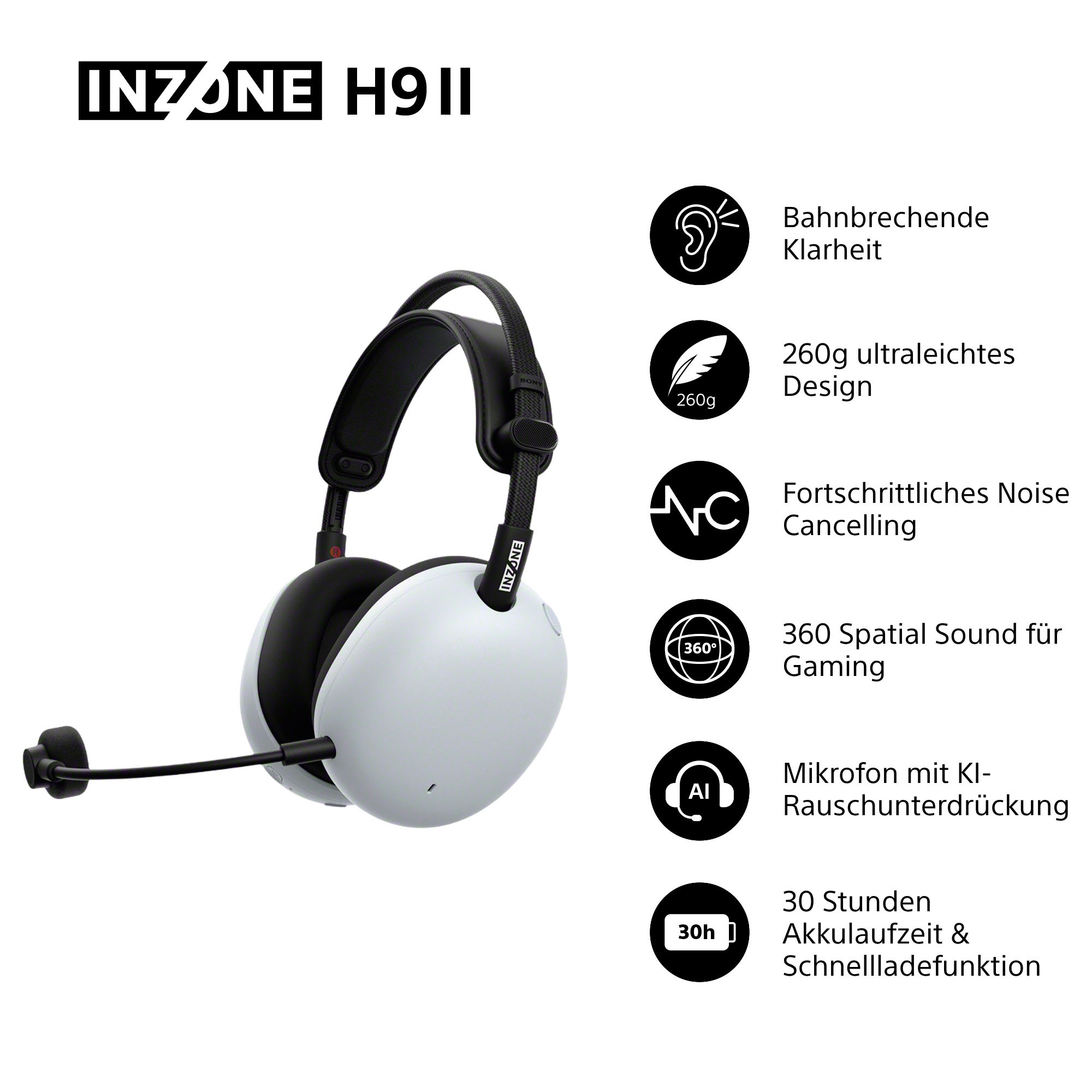 Sony Gaming-Headset »INZONE H9 II«, A2DP Bluetooth-AVRCP Bluetooth-Bluetooth-HFP-HSP, Adaptive Noise-Cancelling-Freisprechfunktion-Mikrofon abnehmbar-Rauschunterdrückung-Stummschaltung-Transparenzmodus