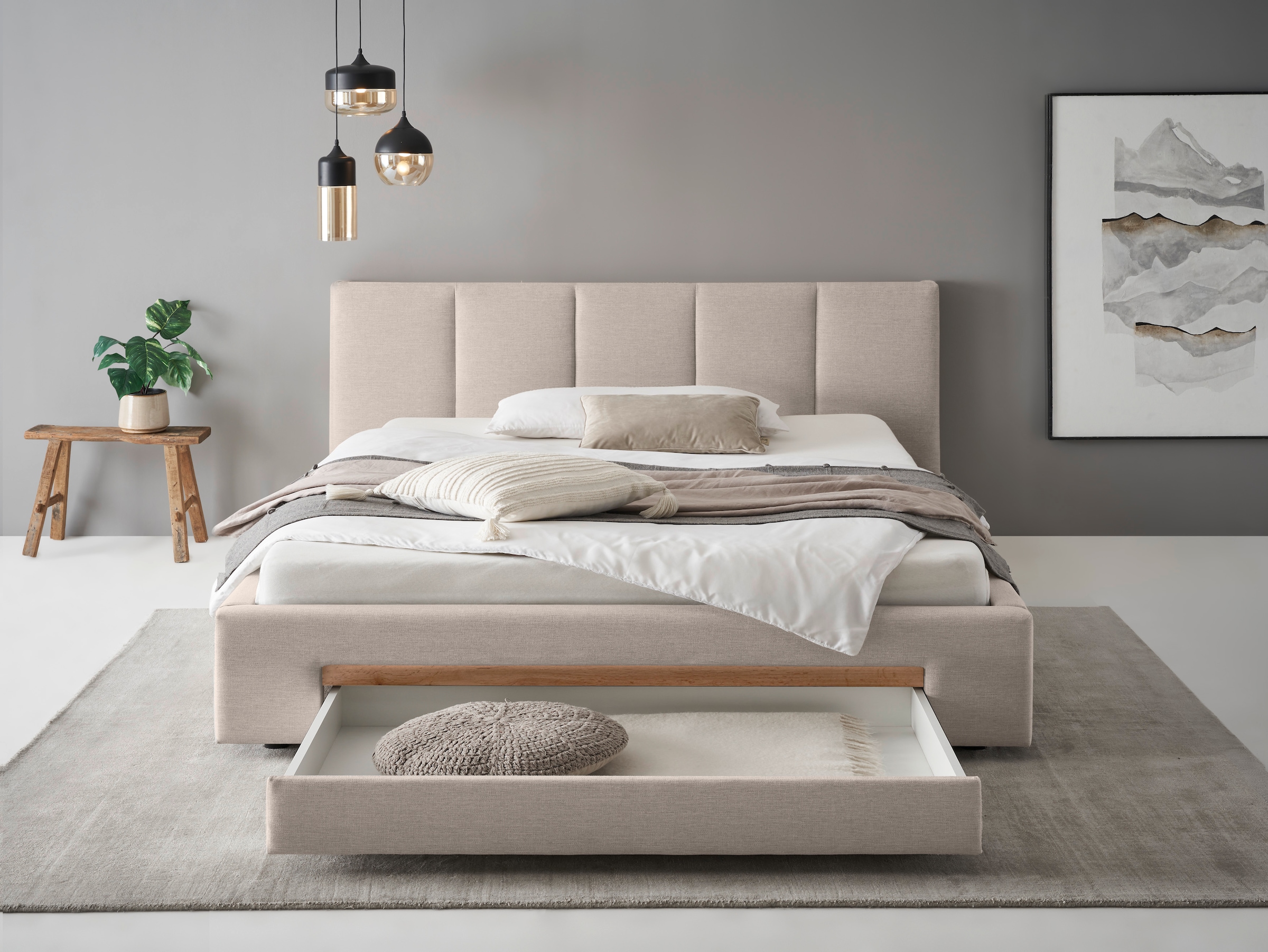 INOSIGN Polsterbett »CiTY/GiRON, Bettgestell mit Bettkasten, gepolstertes Stauraumbett«, mit Hundebett oder Stauraumschublade, Bezug Cord-oder Leinenoptik