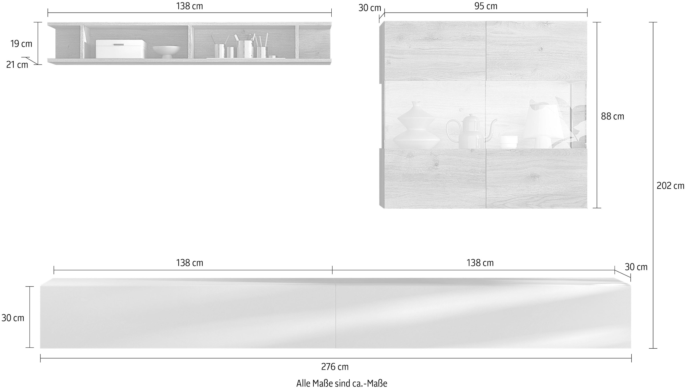 INOSIGN Wohnwand »INFINITY, 4tlg. Breite 276 cm, moderne Mediawand«, (4 St.), (2x Lowboard hängend, Hängevitrine, Wandregal) Höhe variabel