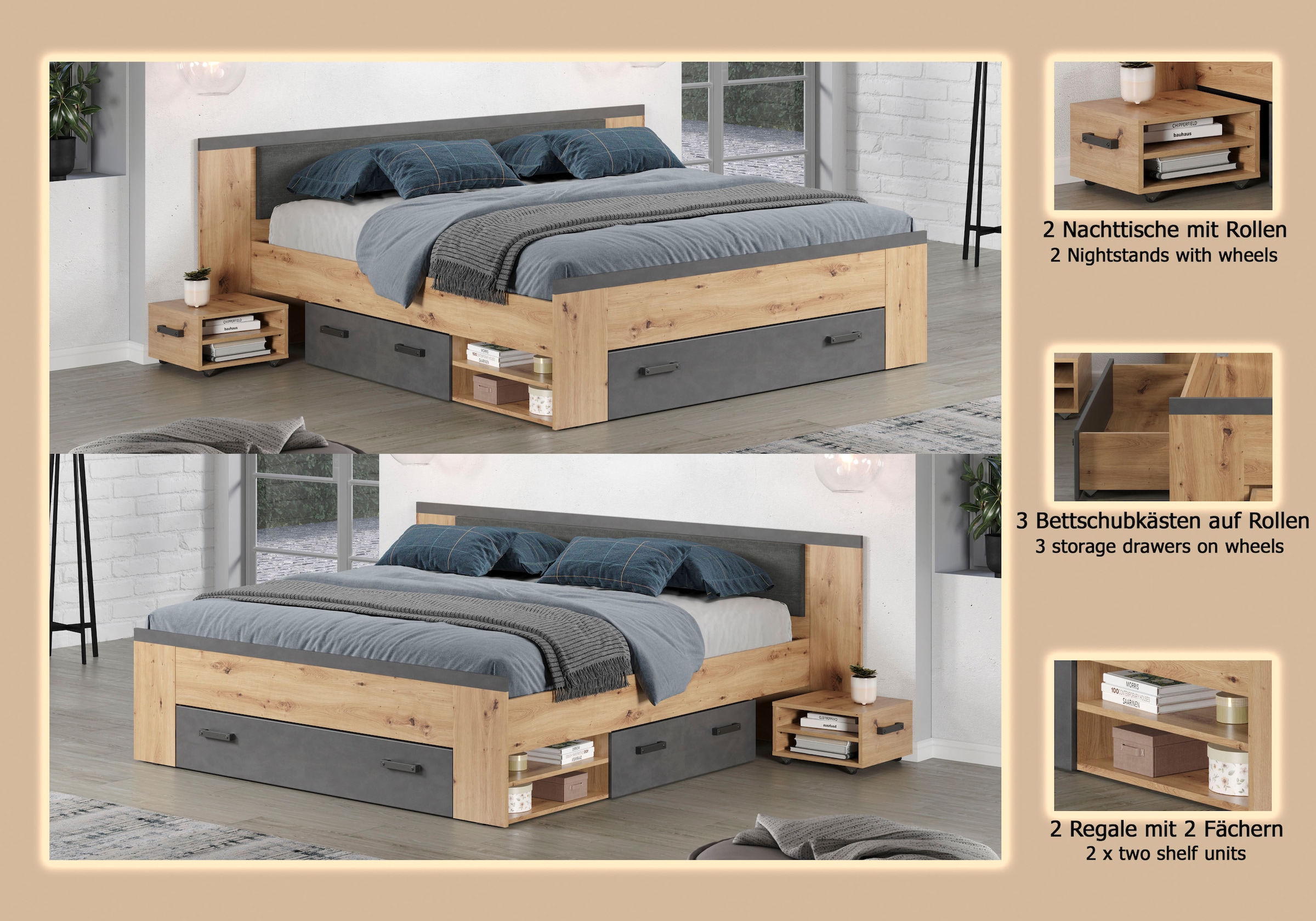 Home affaire Stauraumbett »Ambres« 1 Stk. tlg. ausziehbare Bettkästen, Fächer mit Stauraum, braun, Eiche