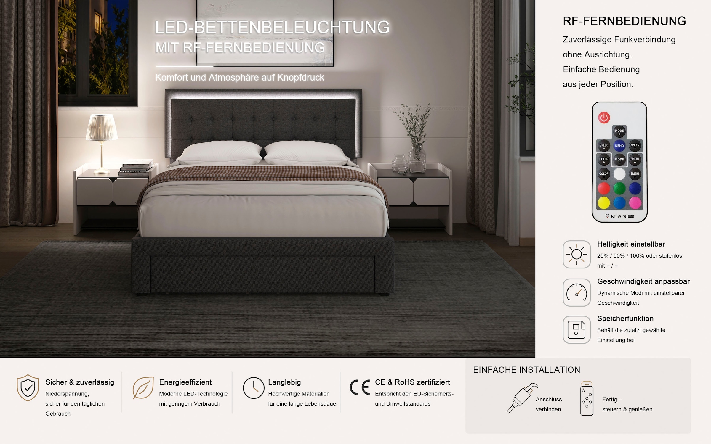 OTTO home Polsterbett »LESANDA, LED-Stauraumbett mit Lattenrost & Schubladen, Strukturstoff« Liegefläche 140x200cm / 160x200cm / 180x200cm