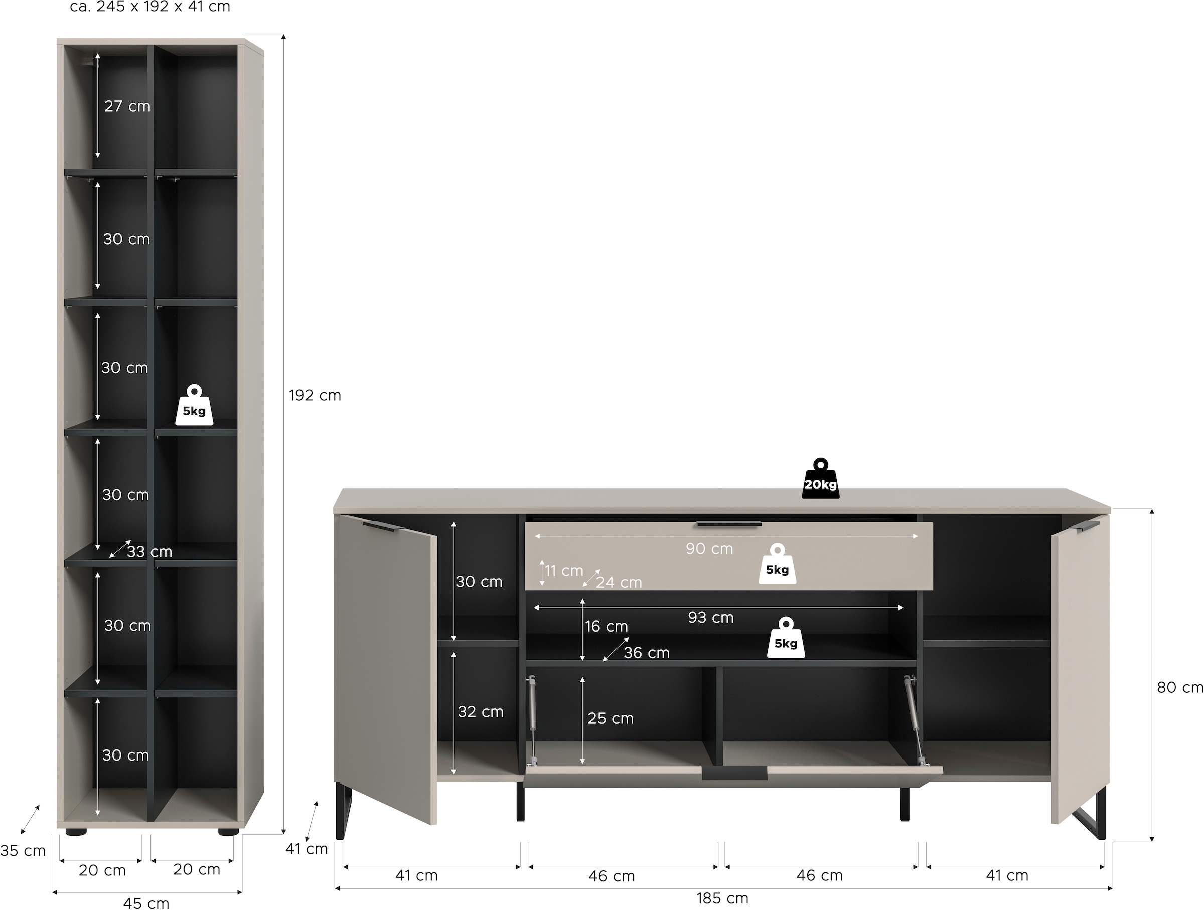 INOSIGN Wohnwand »Adio, Wohnkombination 245 cm Breit«, (Set, 2 St.), Adio, Wohnkombination 2tlg. Kashmir NB, Regal, Sideboard