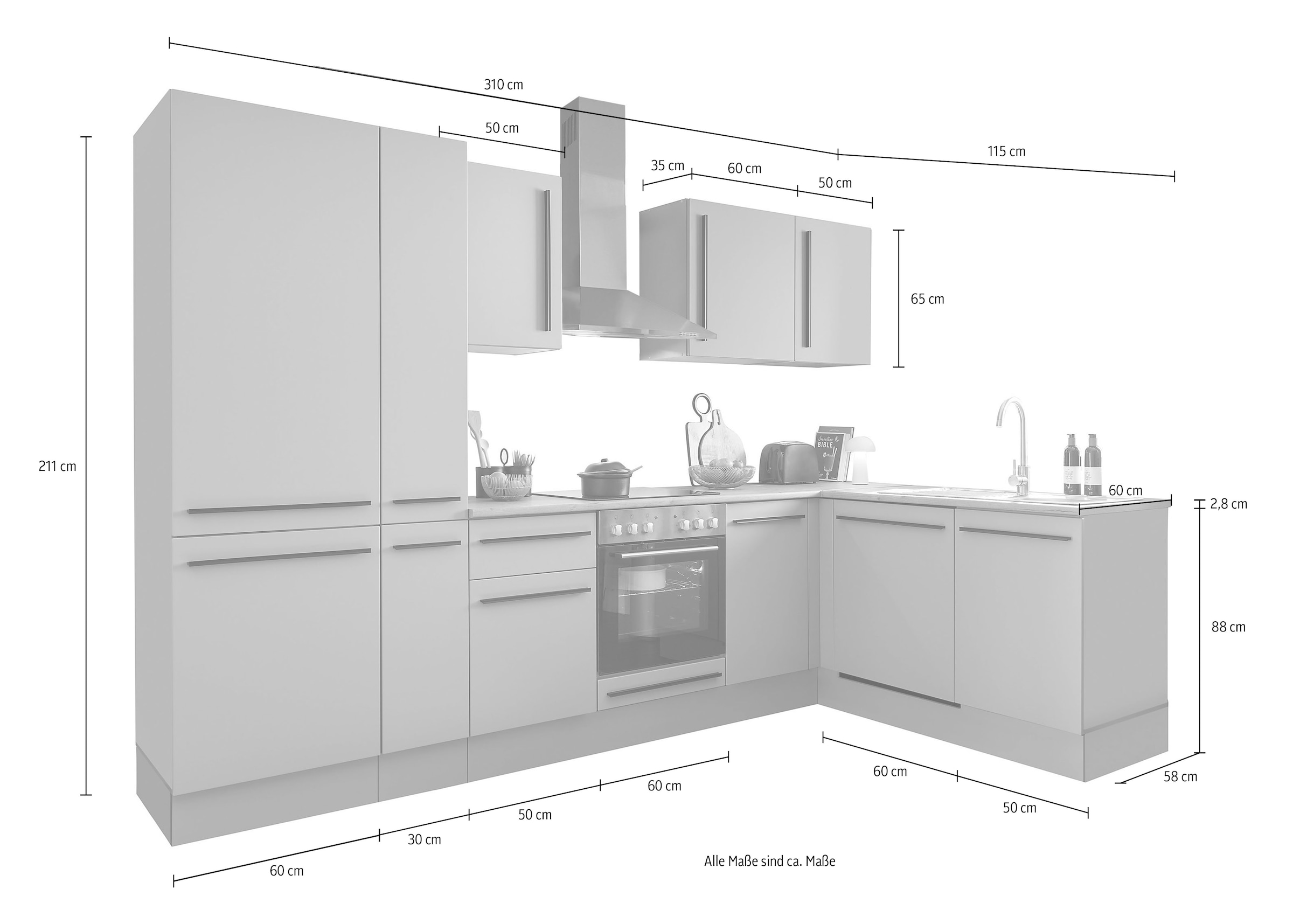 BASIC by Balculina Winkelküche »Denver, Küche BxHxT 310/115 x 211 x 60«, Breite 310 cm, wahlweise mit E-Geräten und Induktion