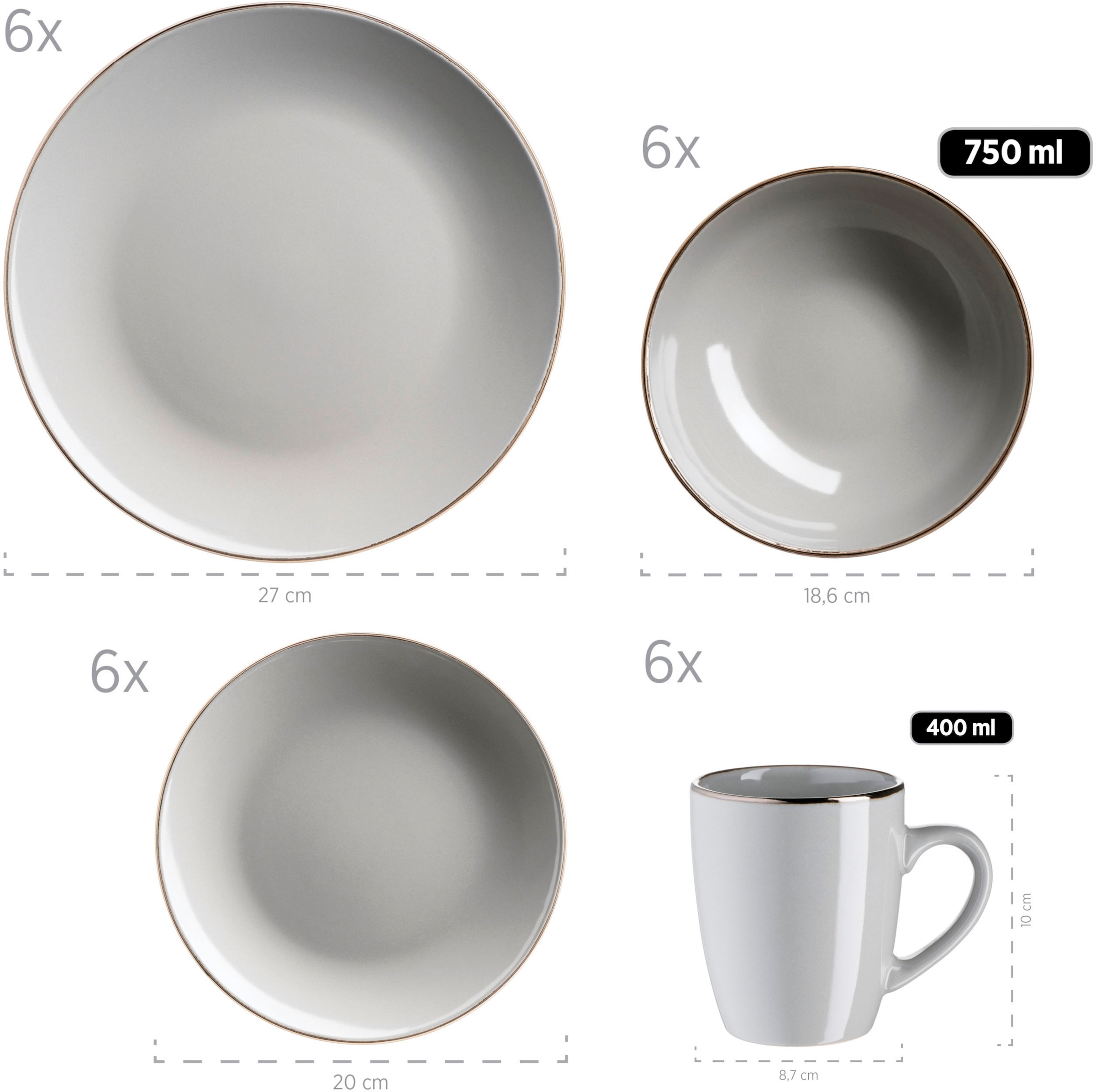 MÄSER Kombiservice »Geschirr-Set, Service Metallic Rim«, (Set, 24 tlg.), messingfarben schimernden Umrandung, 24 Teile, für 6 Personen