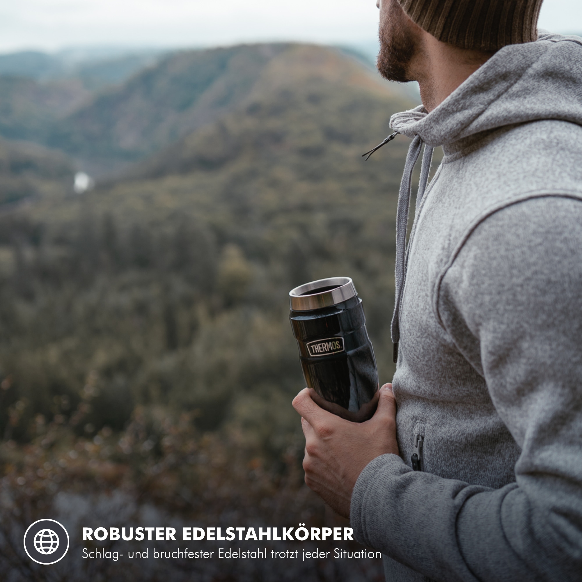 THERMOS Thermobecher »STAINLESS KING MUG, doppelwandiger Edelstahl, spülmaschinenfest« 0,47l, 7h heiß & 18h kalt, absolut dicht, DrinkLock – Verschlusssystem