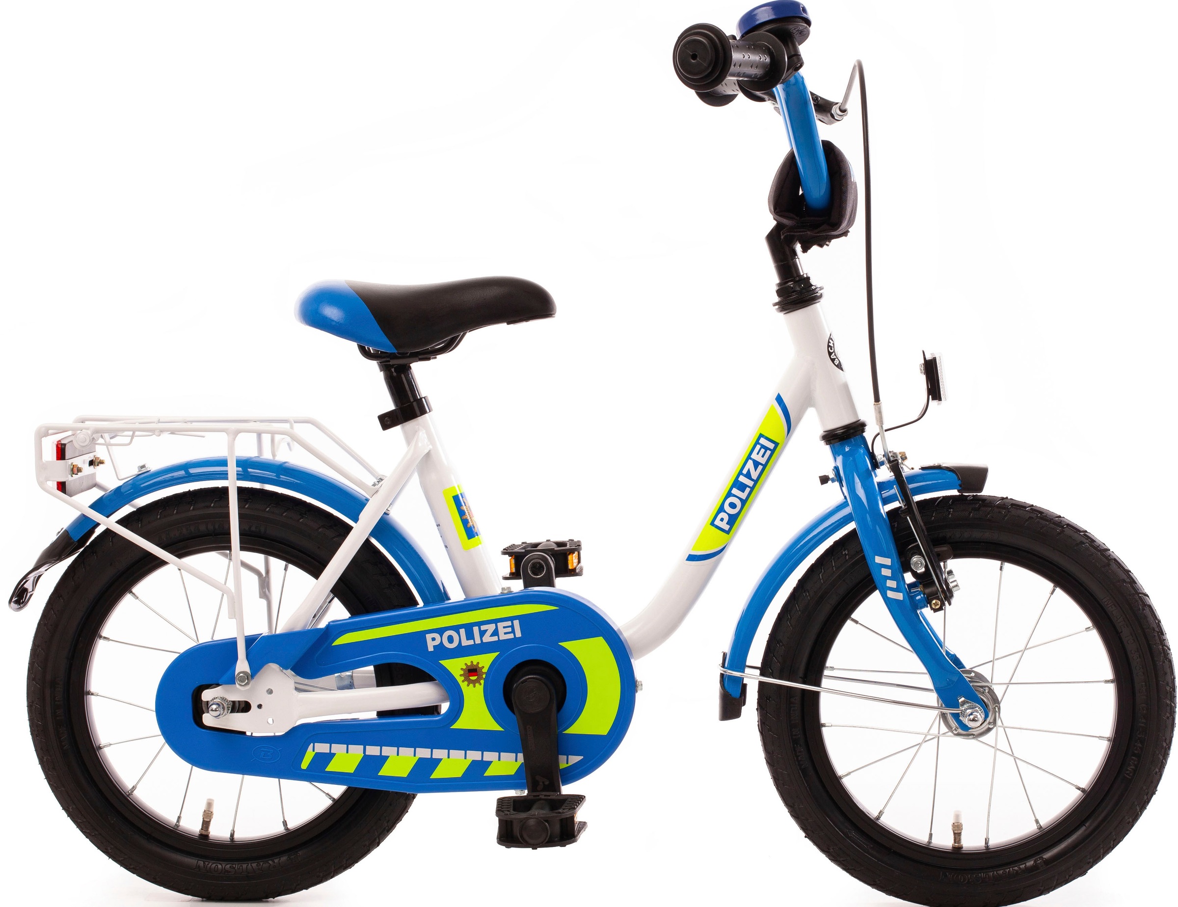 Kinderfahrrad „14“ Kinderfahrrad „POLIZEI“ kristall-weiß/blau/neon“, 1 Gang, ohne Schaltung weiß/blau 14 Zoll (35,56 cm) 25 cm – 14 Zoll (35,56 cm)