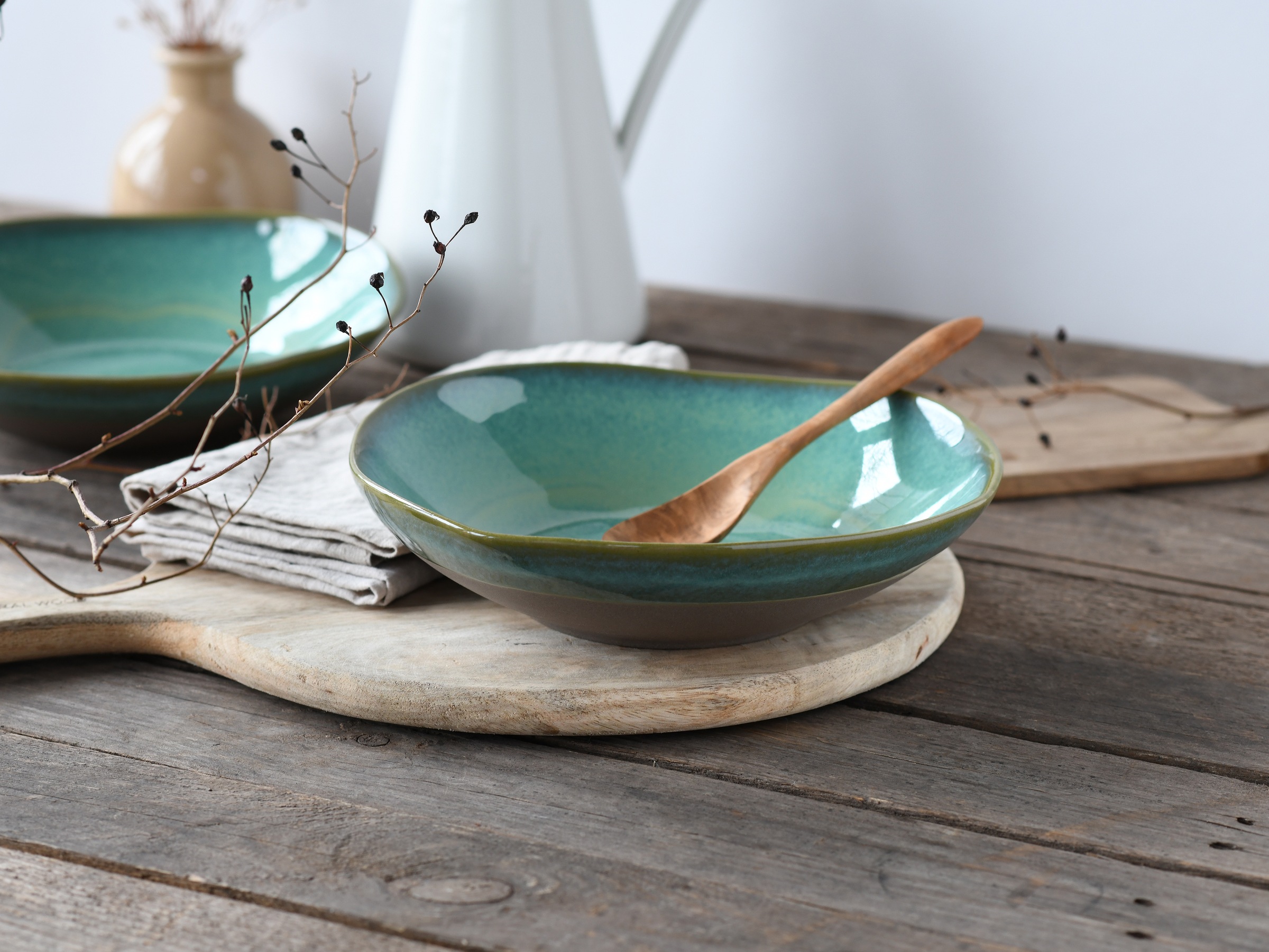CreaTable Schale »Basalt Bio, Pasta Bowl 2-tlg«, 2 tlg., aus Steinzeug, Organische Form, Jedes Teil ein Unikat